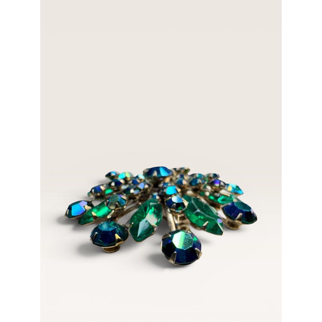 1960s Emerald Green Glass & Aurora Borealis Crystal Starburst Brooch Gold Tone