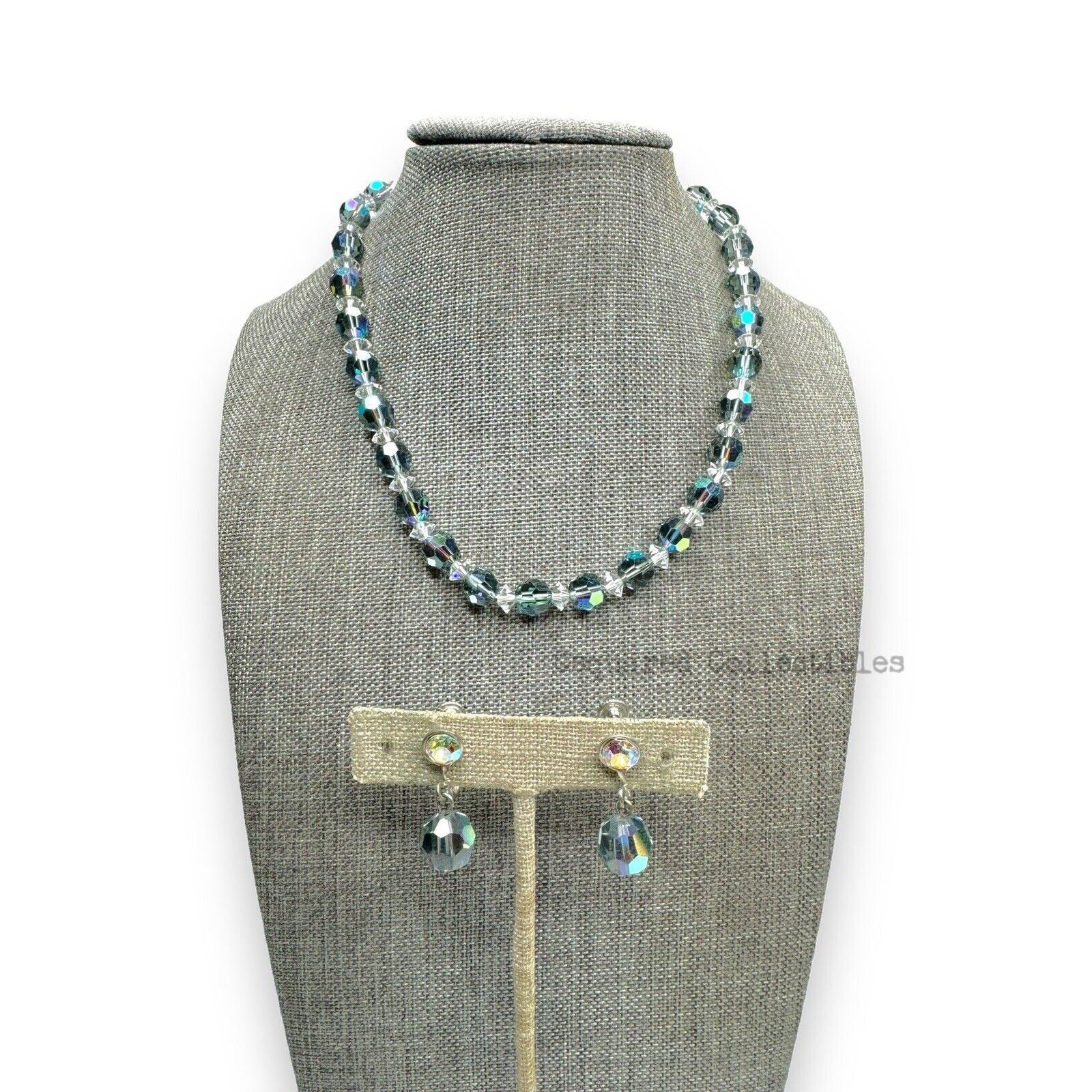 Vintage Aurora Borealis Crystal Necklace Earrings Set Silver Tone Adjustable