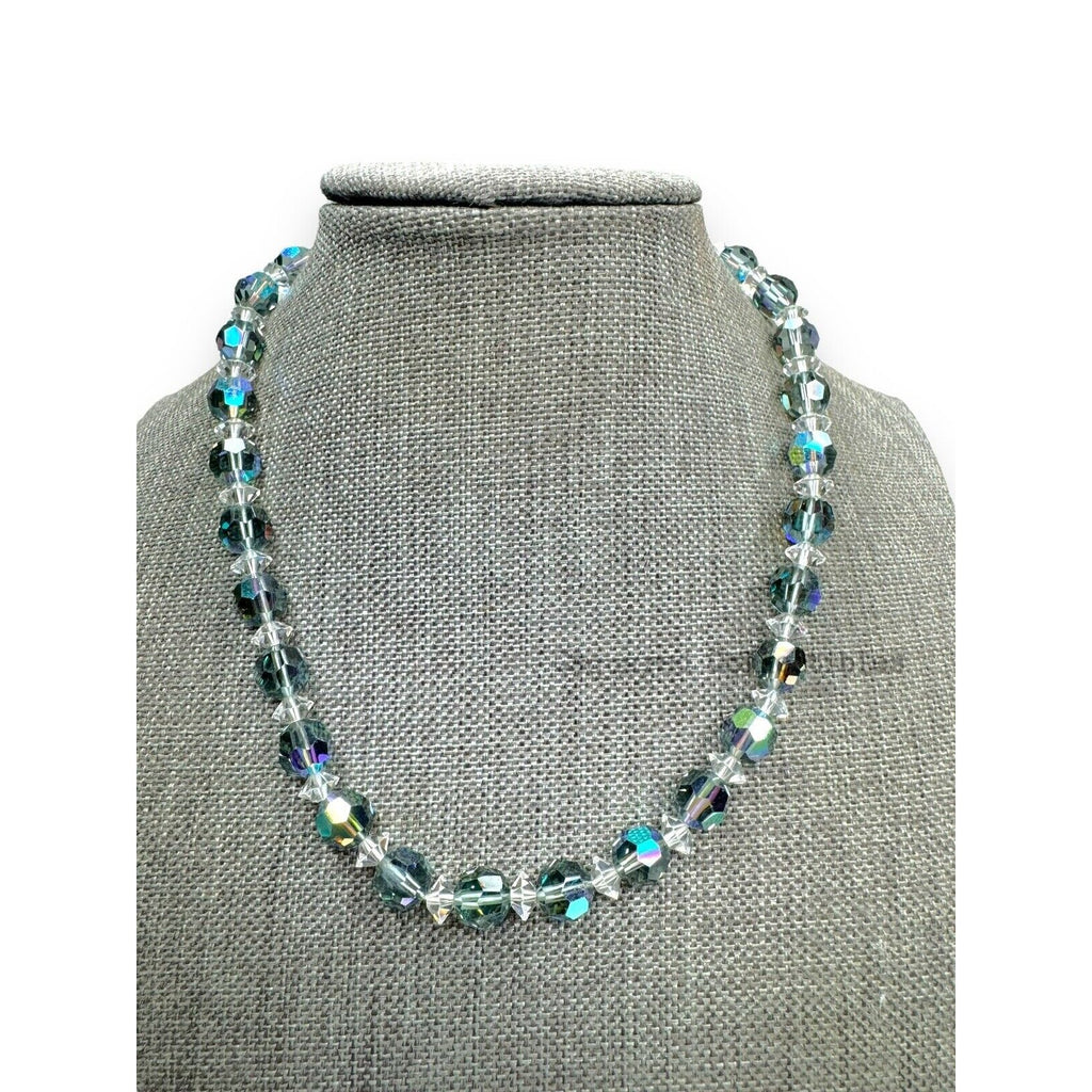 Vintage Aurora Borealis Crystal Necklace Earrings Set Silver Tone Adjustable