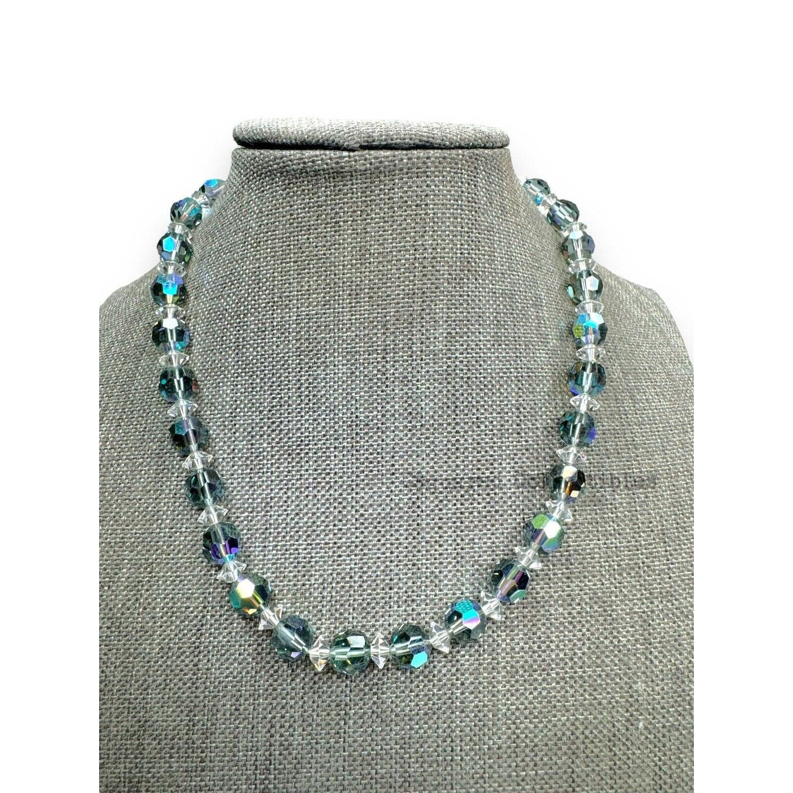 Vintage Aurora Borealis Crystal Necklace Earrings Set Silver Tone Adjustable