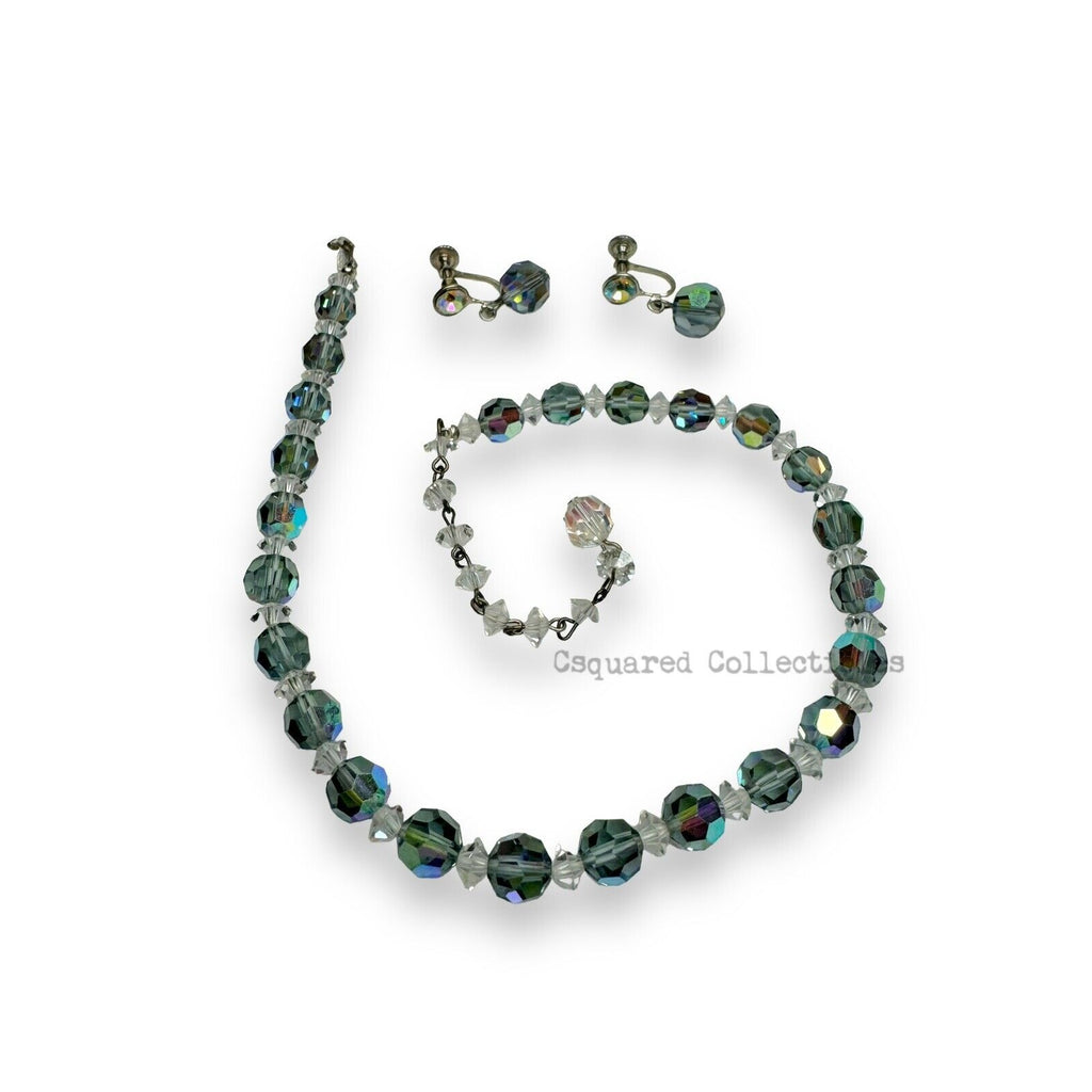 Vintage Aurora Borealis Crystal Necklace Earrings Set Silver Tone Adjustable