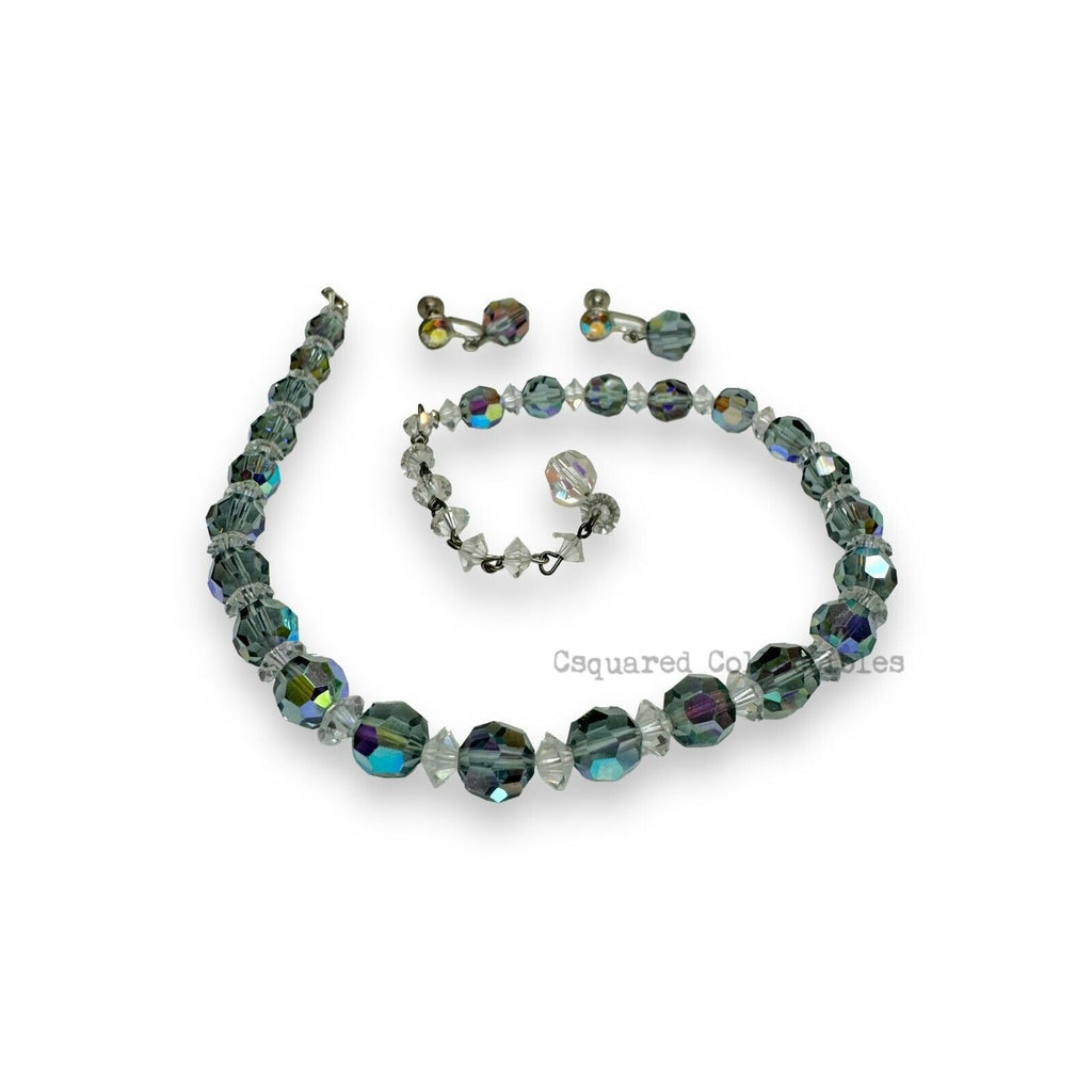 Vintage Aurora Borealis Crystal Necklace Earrings Set Silver Tone Adjustable