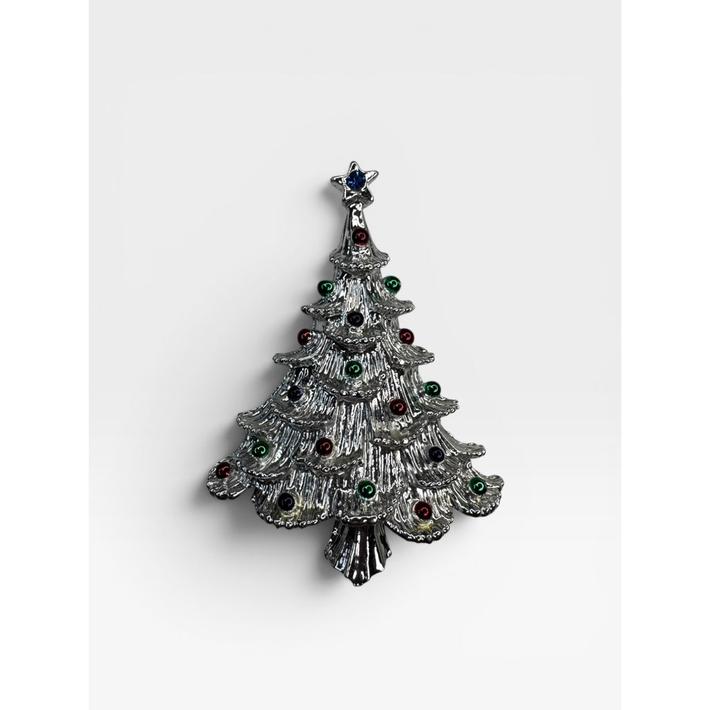 Gerry's Christmas Tree Brooch Silver Tone Holiday Enamel Pin 1980s Vintage