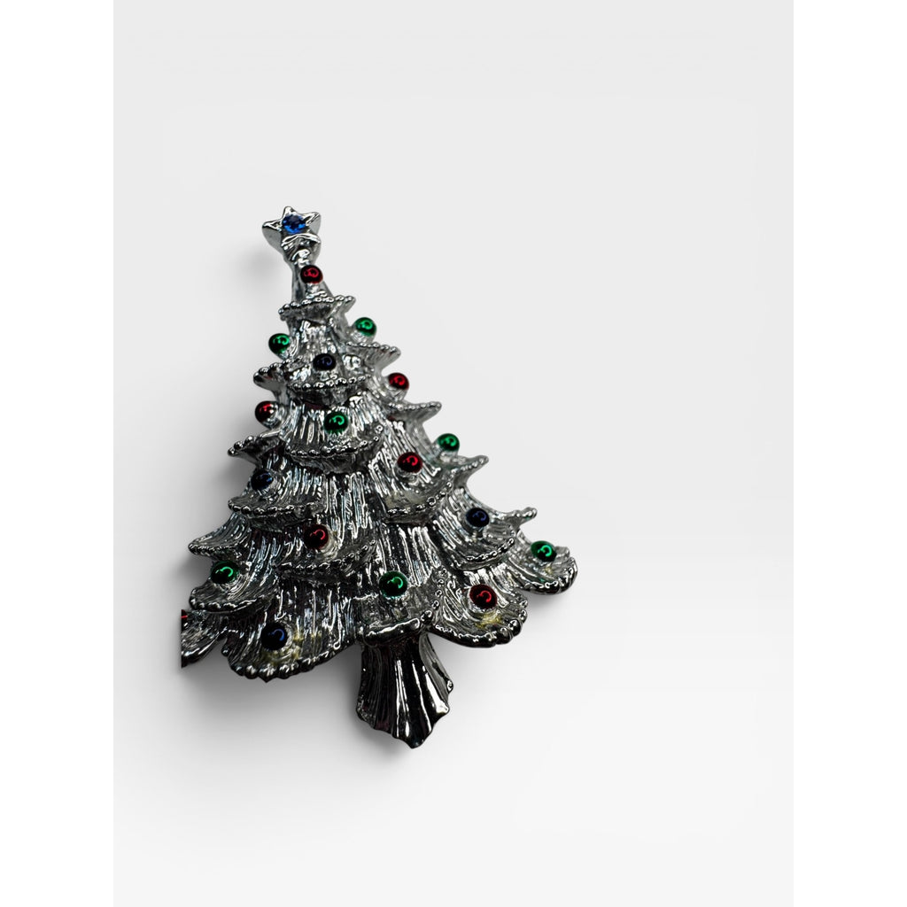 Gerry's Christmas Tree Brooch Silver Tone Holiday Enamel Pin 1980s Vintage
