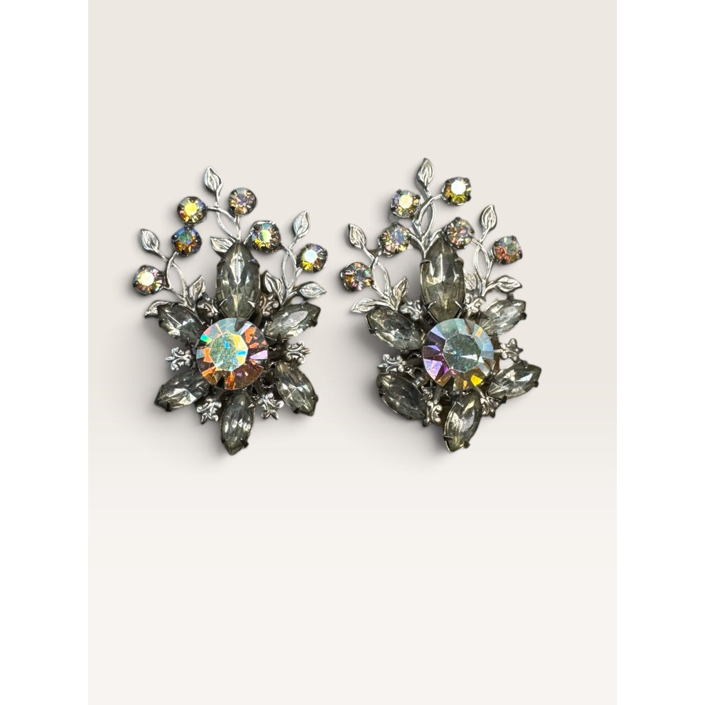 1950s Judy Lee Smoke Gray Navette AB Crystal Rhinestone Vine Clip Earrings 1.91" Vintage
