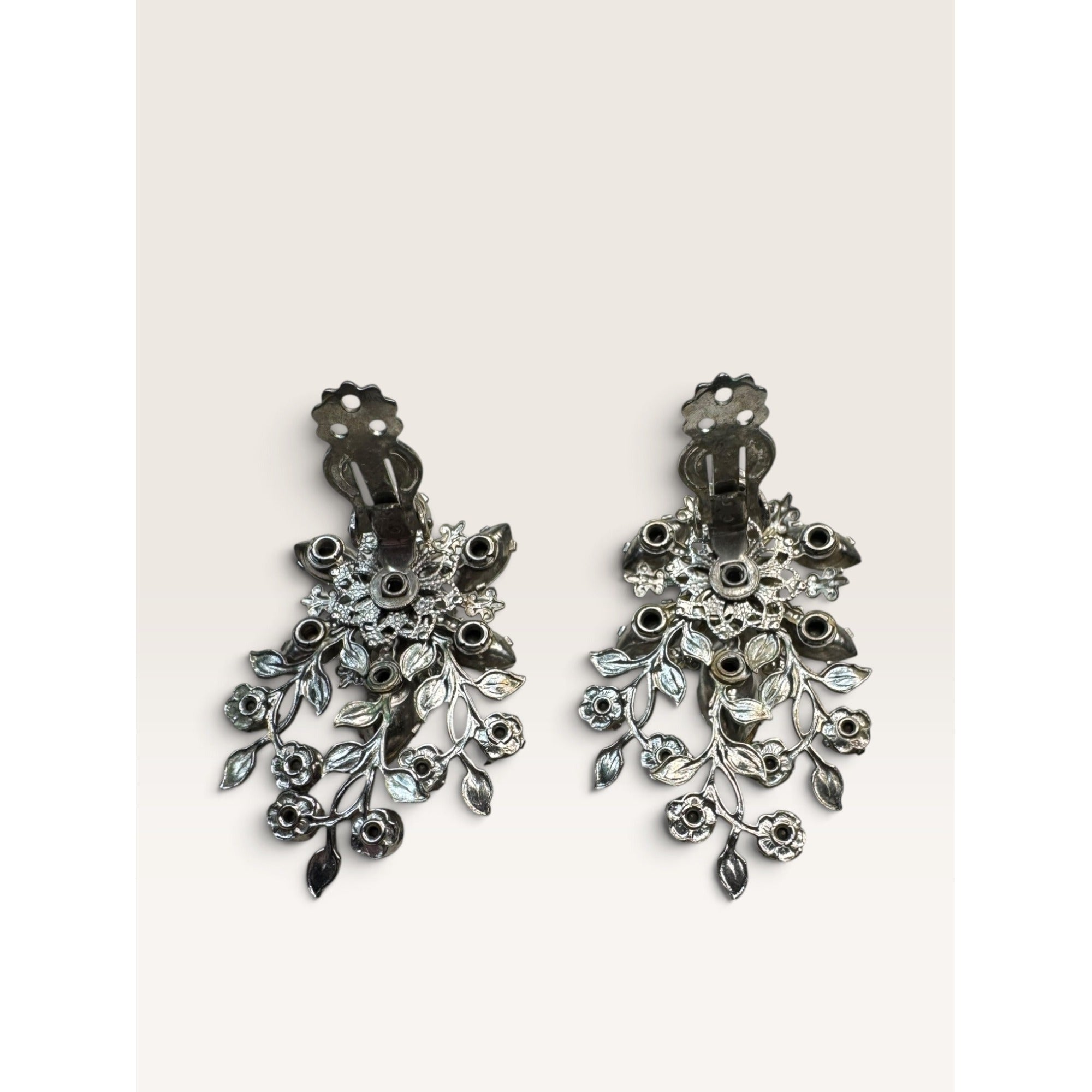 1950s Judy Lee Smoke Gray Navette AB Crystal Rhinestone Vine Clip Earrings 1.91" Vintage