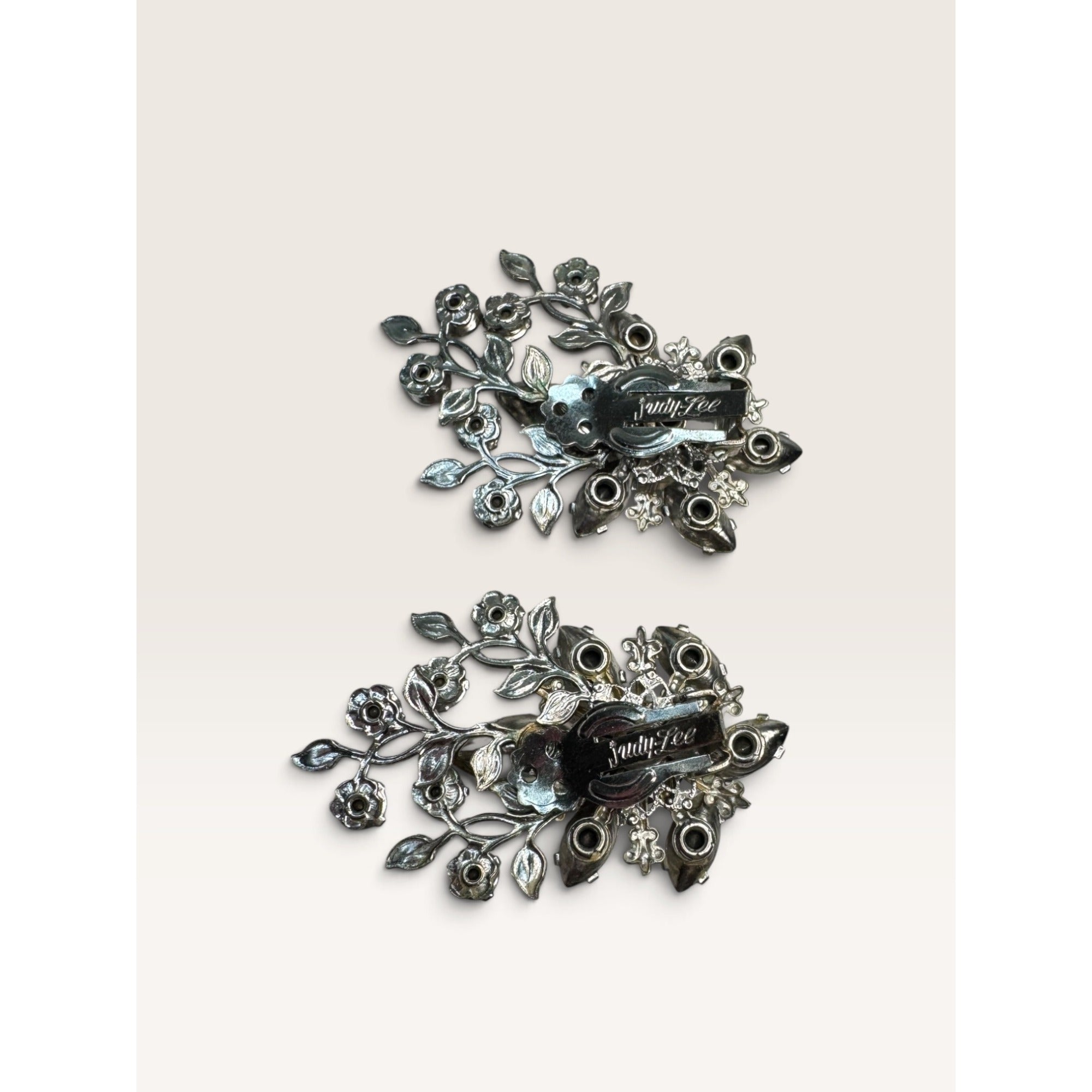 1950s Judy Lee Smoke Gray Navette AB Crystal Rhinestone Vine Clip Earrings 1.91" Vintage