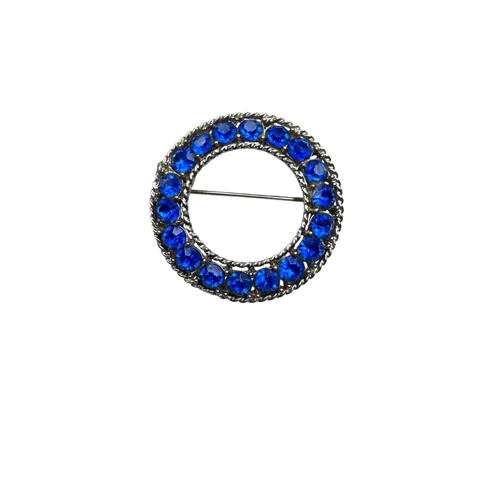 Vintage Unsigned Blue Crystal Wreath Brooch Light Gold tone 1.59”