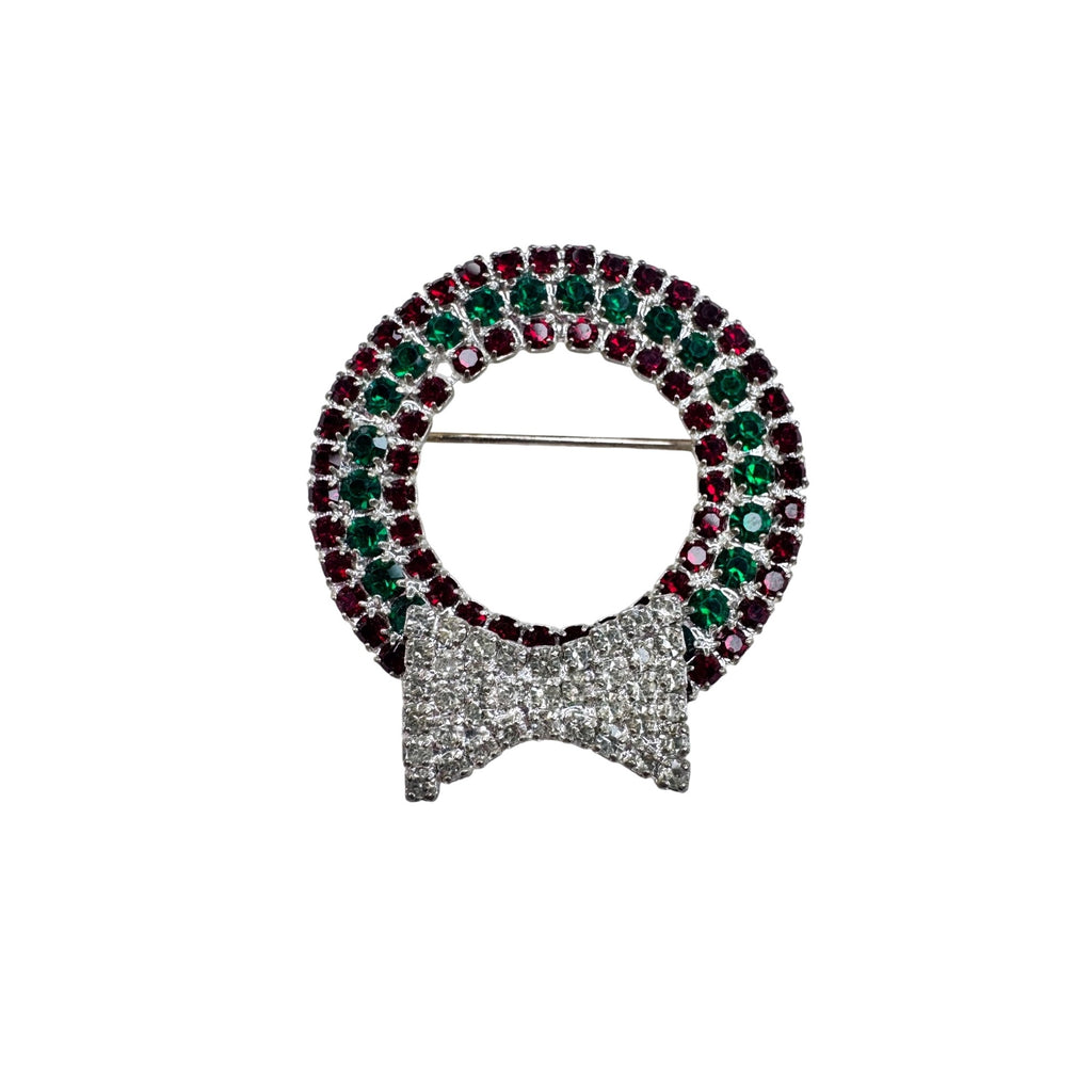 Unsigned Red Green Rhinestone Christmas Wreath Bow Brooch Silver Tone 1960s Vintage