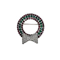 Unsigned Red Green Rhinestone Christmas Wreath Bow Brooch Silver Tone 1960s Vintage