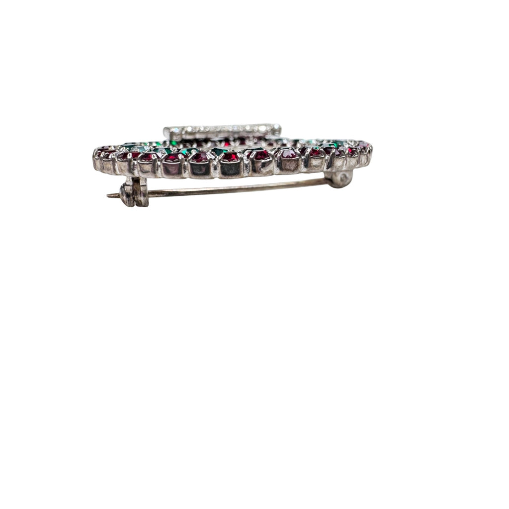 Unsigned Red Green Rhinestone Christmas Wreath Bow Brooch Silver Tone 1960s Vintage