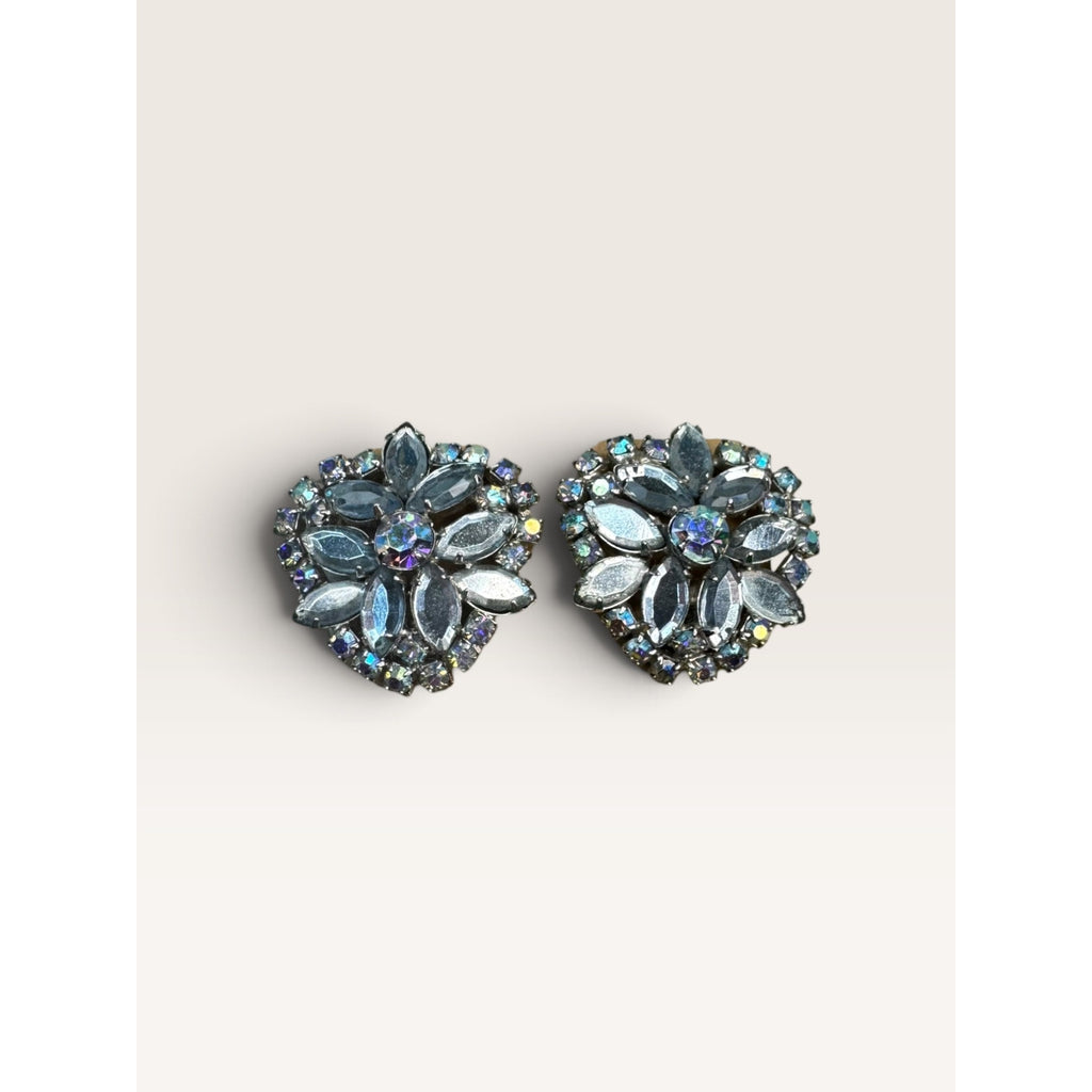 1950s Blue AB Marquis Crystal Rhinestone Cluster Clip Earrings 1.19" Vintage
