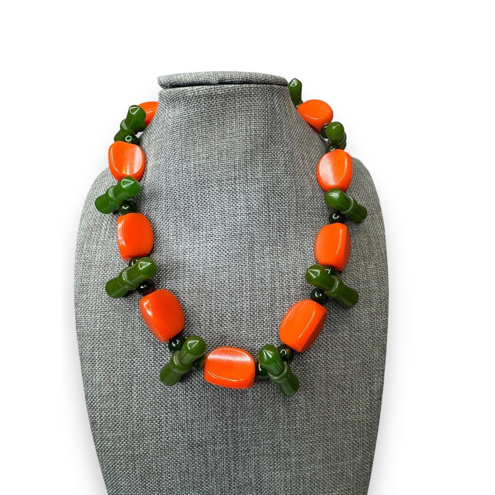 Orange Green Bakelite Faux Pearl Necklace Ball Clasp 16.5" Vintage