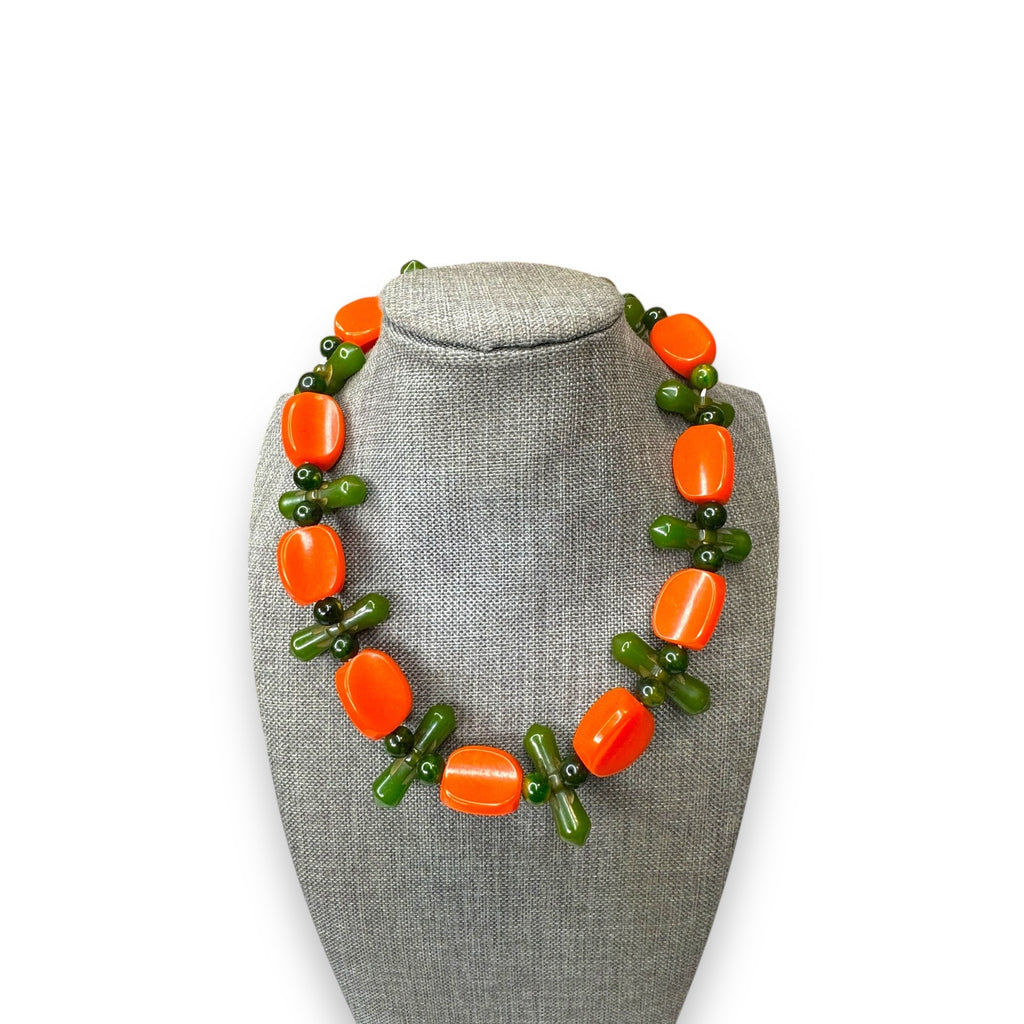 Orange Green Bakelite Faux Pearl Necklace Ball Clasp 16.5" Vintage