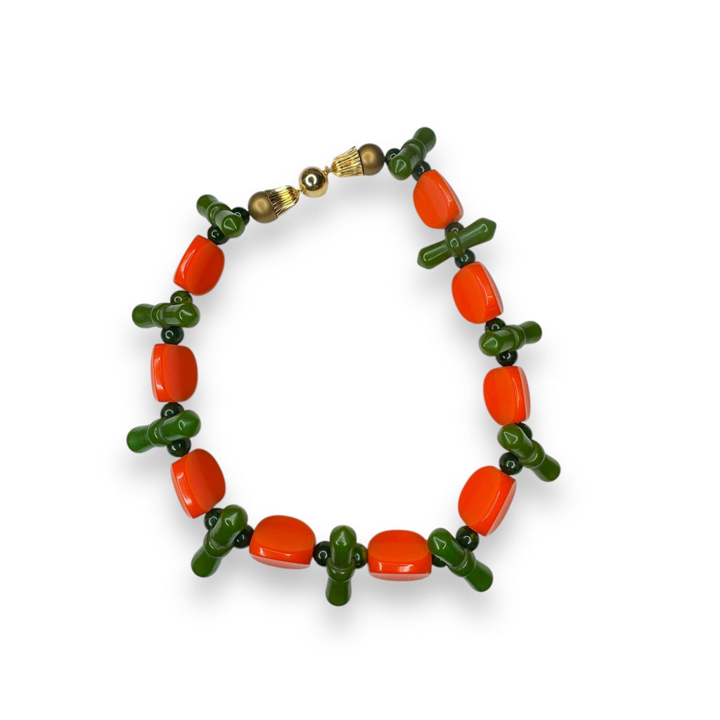 Orange Green Bakelite Faux Pearl Necklace Ball Clasp 16.5" Vintage