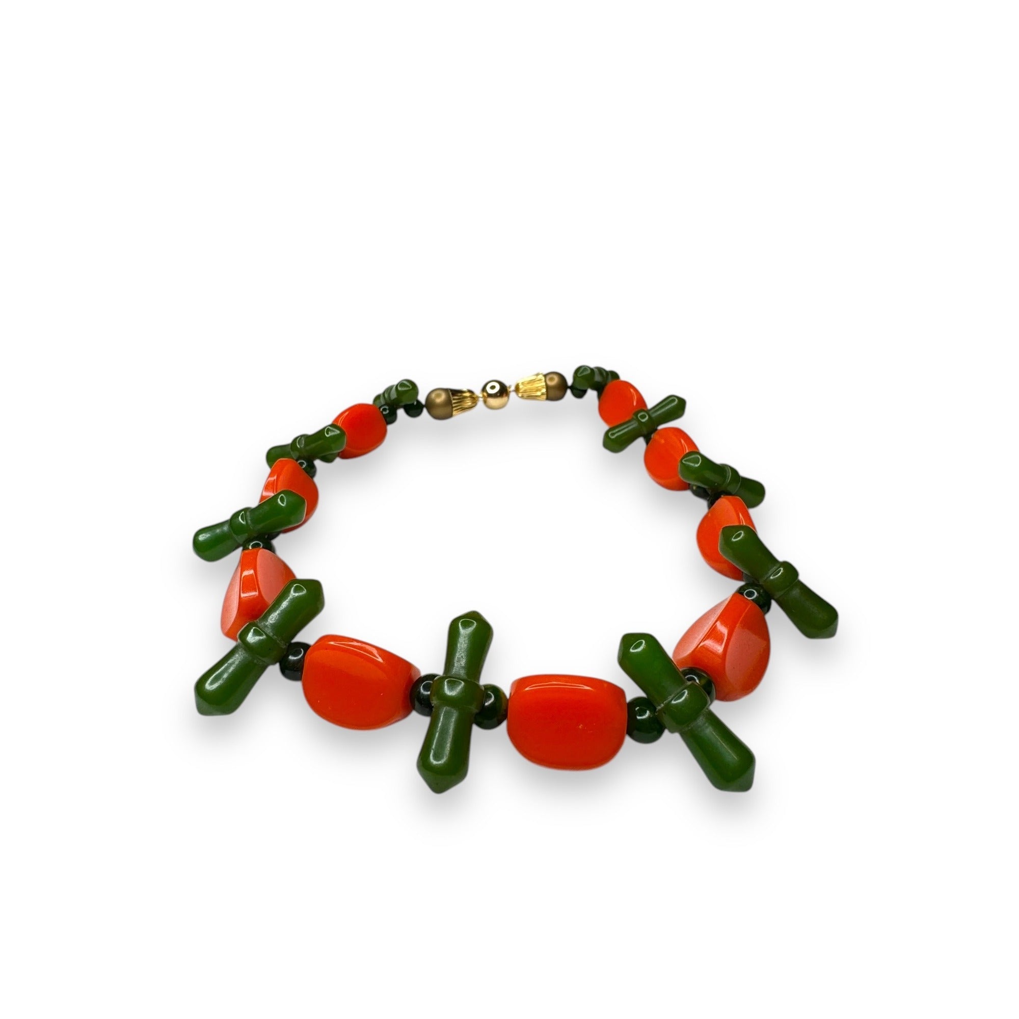 Orange Green Bakelite Faux Pearl Necklace Ball Clasp 16.5" Vintage