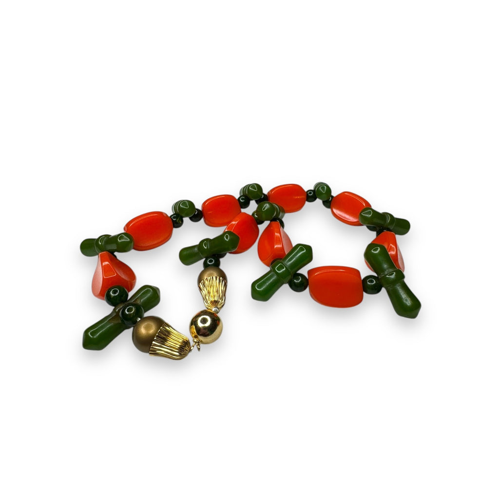 Orange Green Bakelite Faux Pearl Necklace Ball Clasp 16.5" Vintage