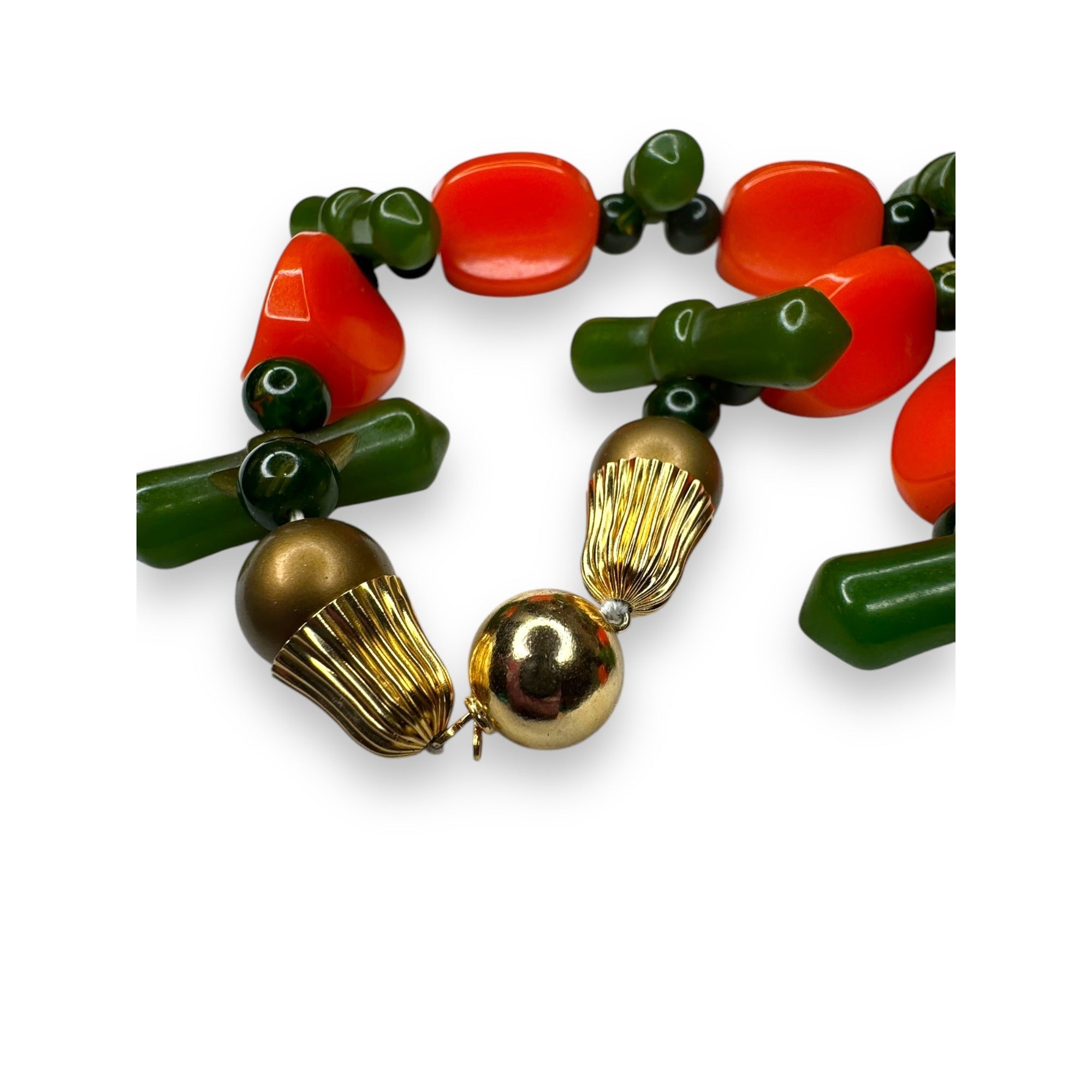 Orange Green Bakelite Faux Pearl Necklace Ball Clasp 16.5" Vintage