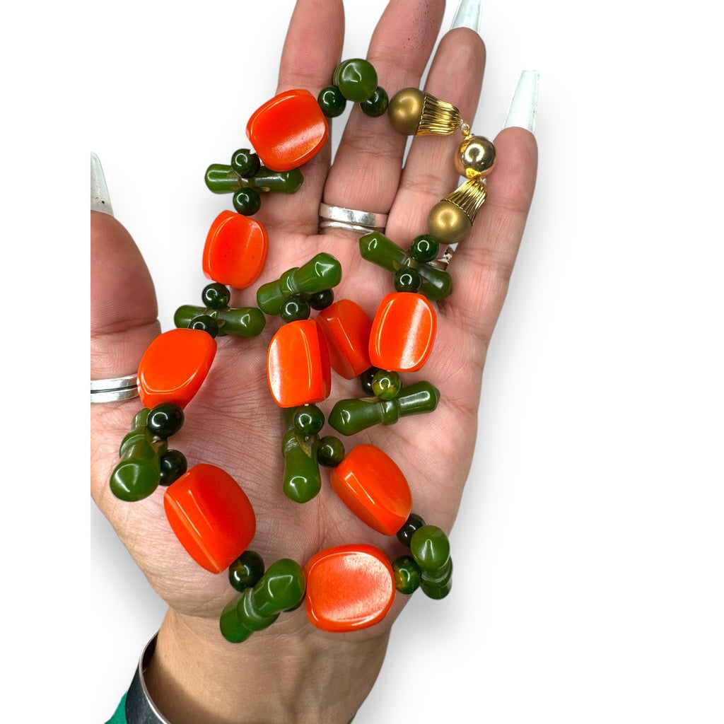 Orange Green Bakelite Faux Pearl Necklace Ball Clasp 16.5" Vintage