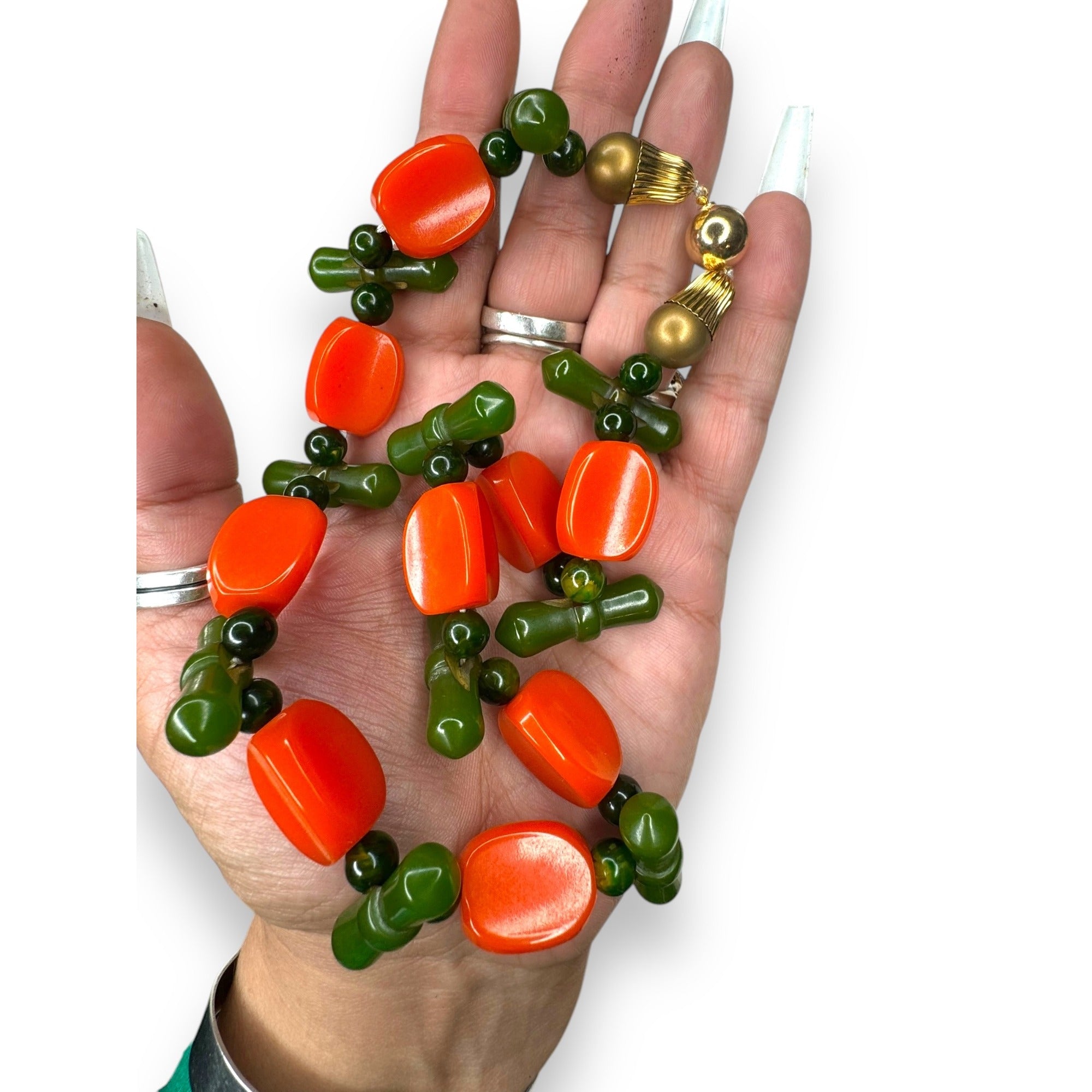 Orange Green Bakelite Faux Pearl Necklace Ball Clasp 16.5" Vintage