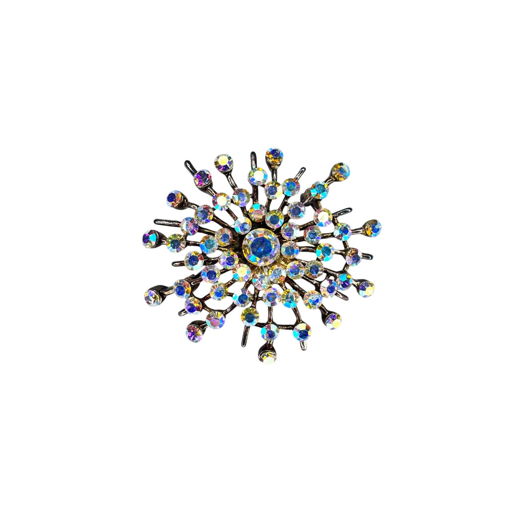Starburst Brooch Aurora Borealis Crystal Gunmetal Atomic Unsigned Vintage
