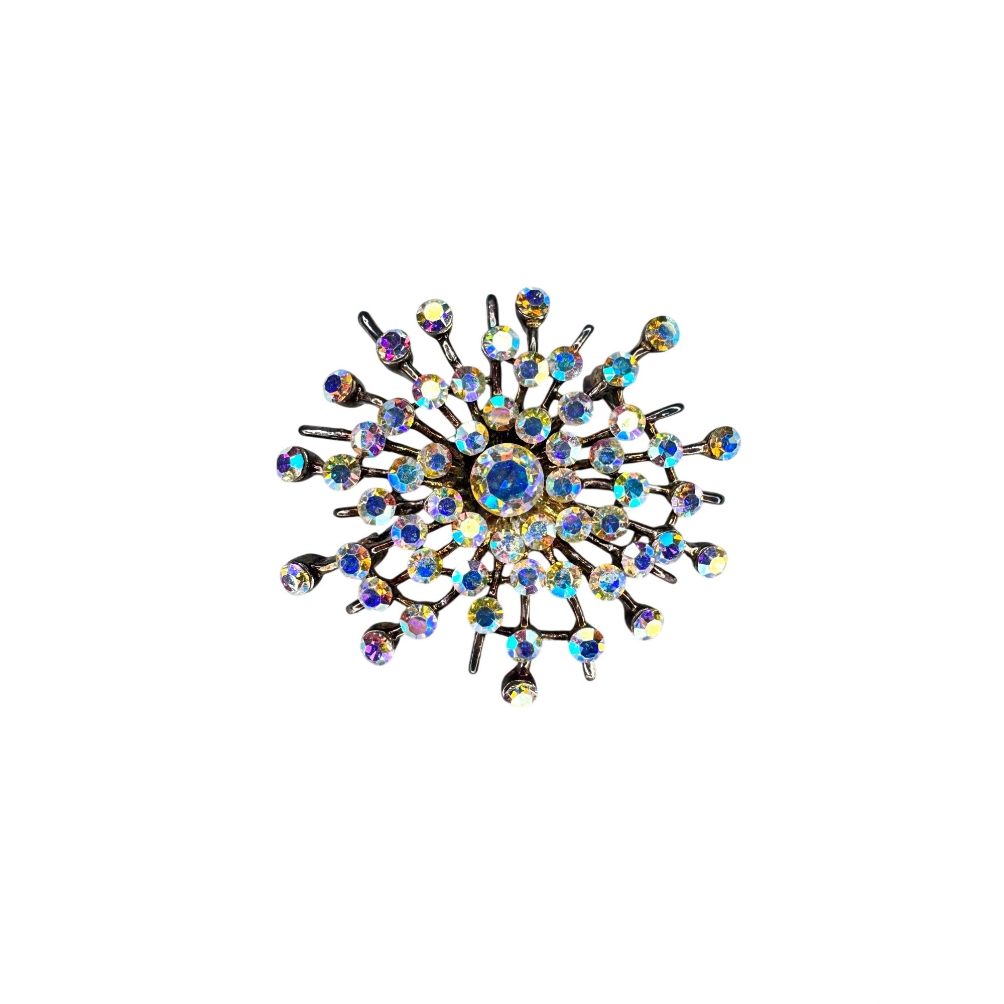 Starburst Brooch Aurora Borealis Crystal Gunmetal Atomic Unsigned Vintage