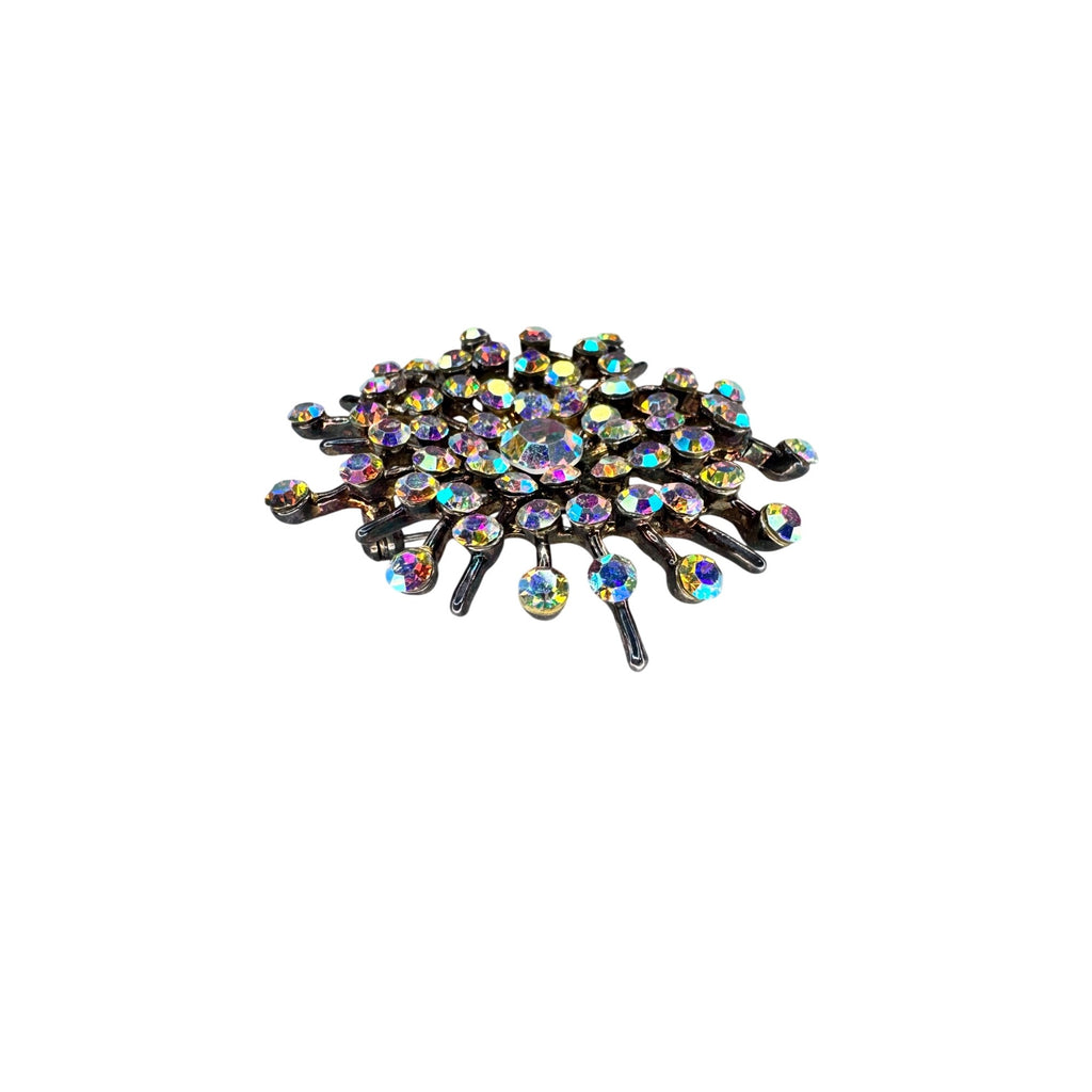 Starburst Brooch Aurora Borealis Crystal Gunmetal Atomic Unsigned Vintage