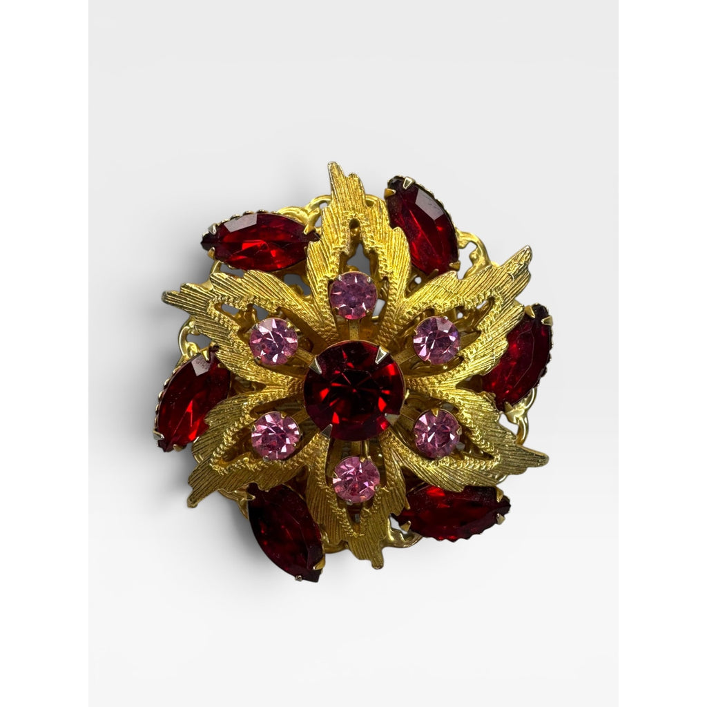 Ruby Red Pink Crystal Floral Brooch Gold Tone Layered Vintage 60s