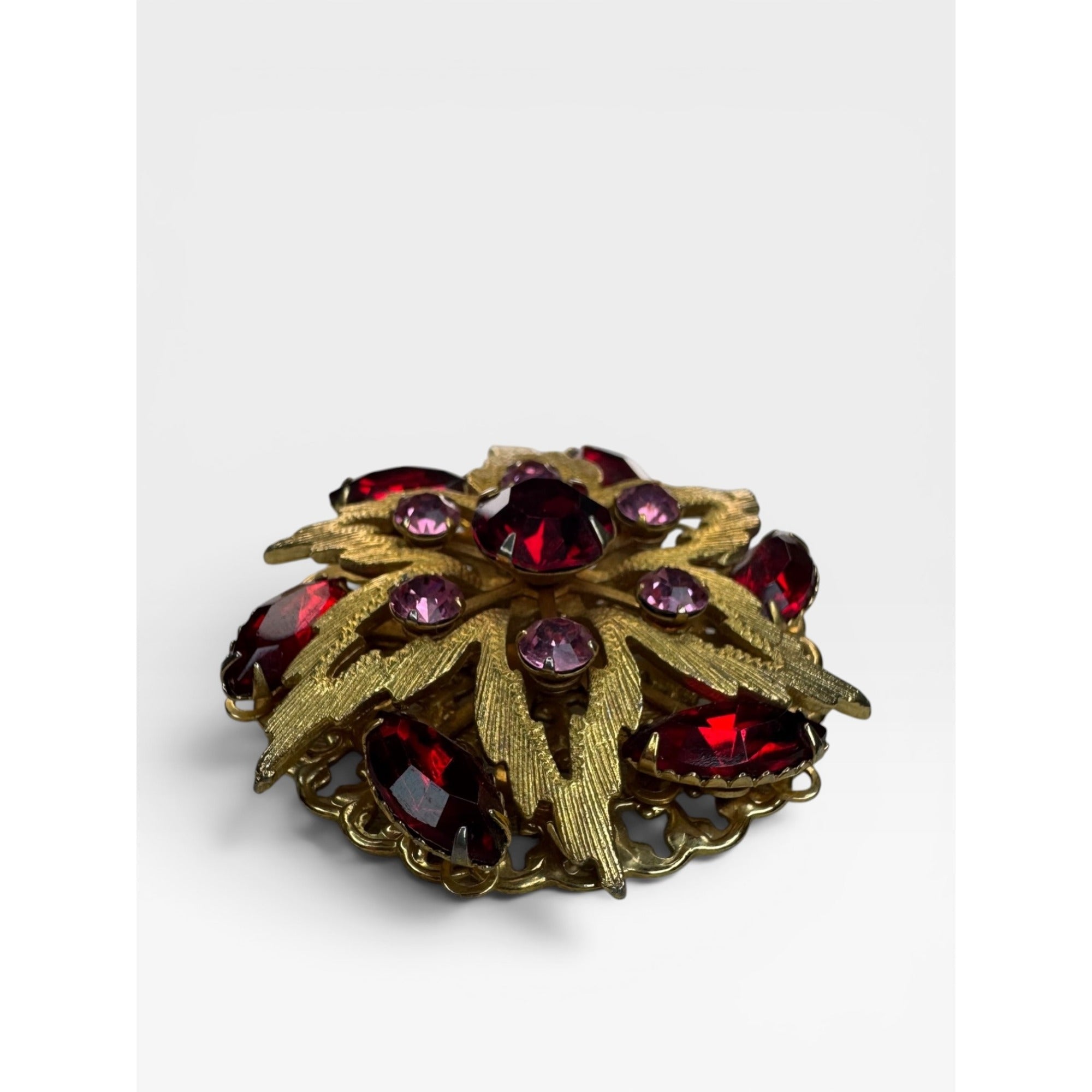 Ruby Red Pink Crystal Floral Brooch Gold Tone Layered Vintage 60s
