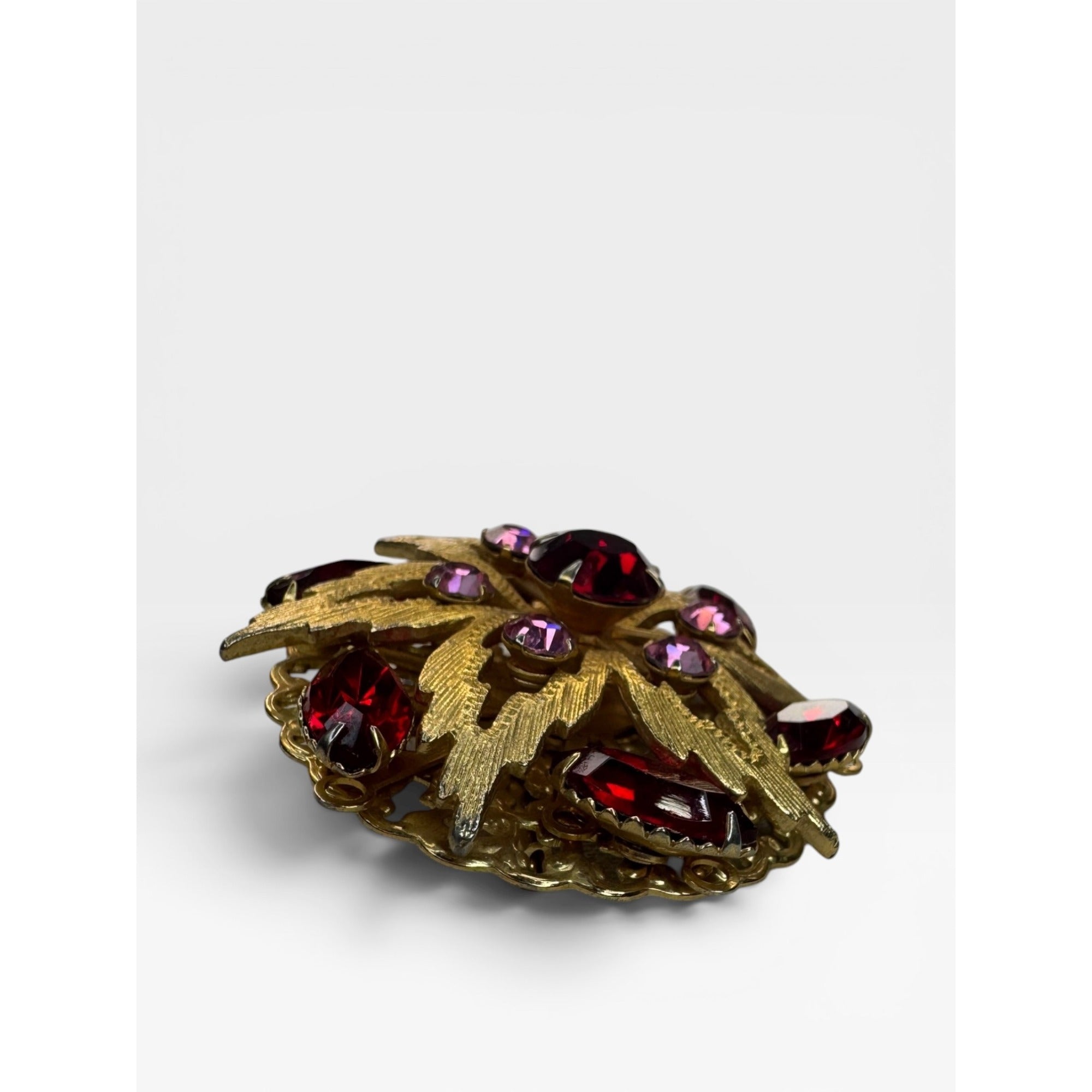 Ruby Red Pink Crystal Floral Brooch Gold Tone Layered Vintage 60s