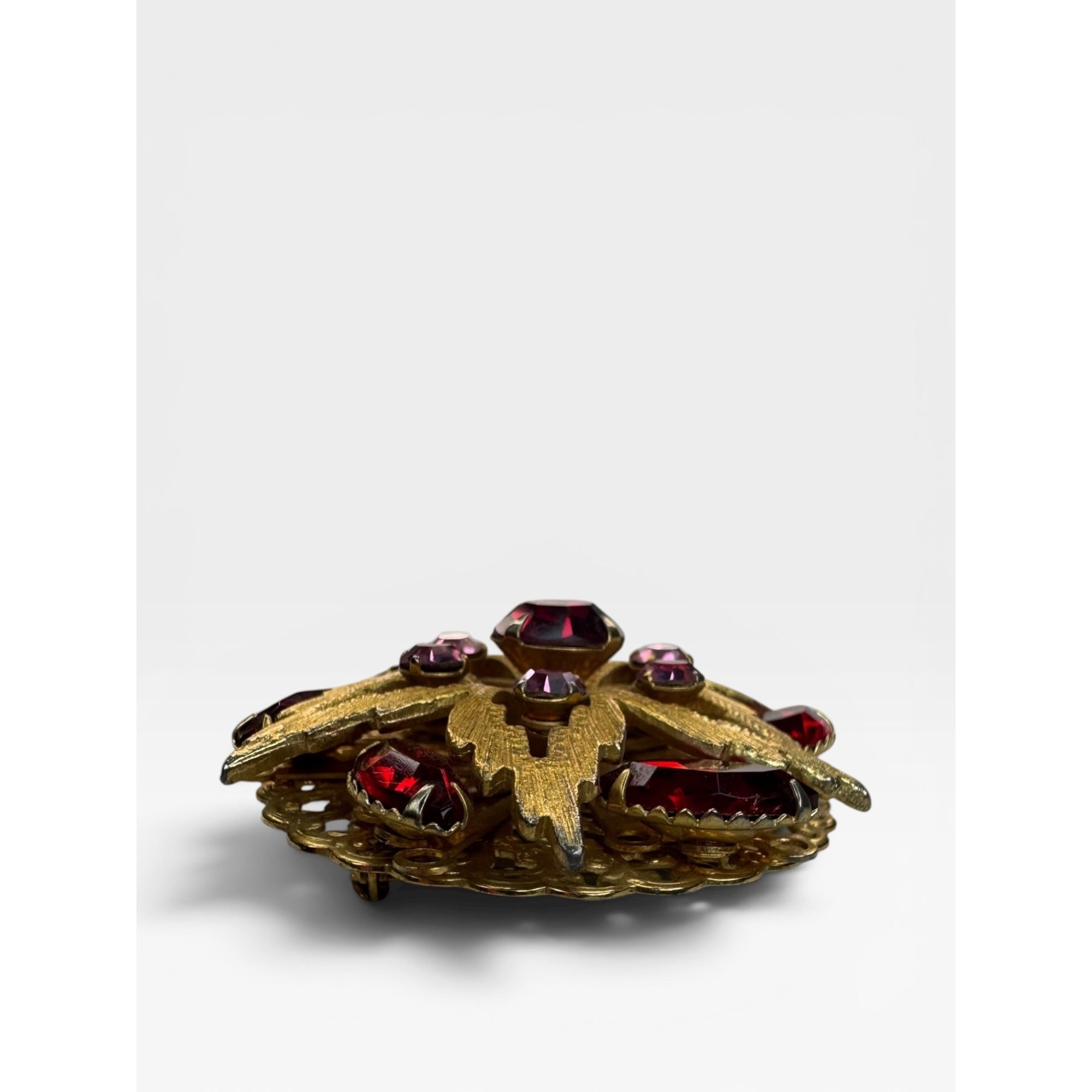Ruby Red Pink Crystal Floral Brooch Gold Tone Layered Vintage 60s
