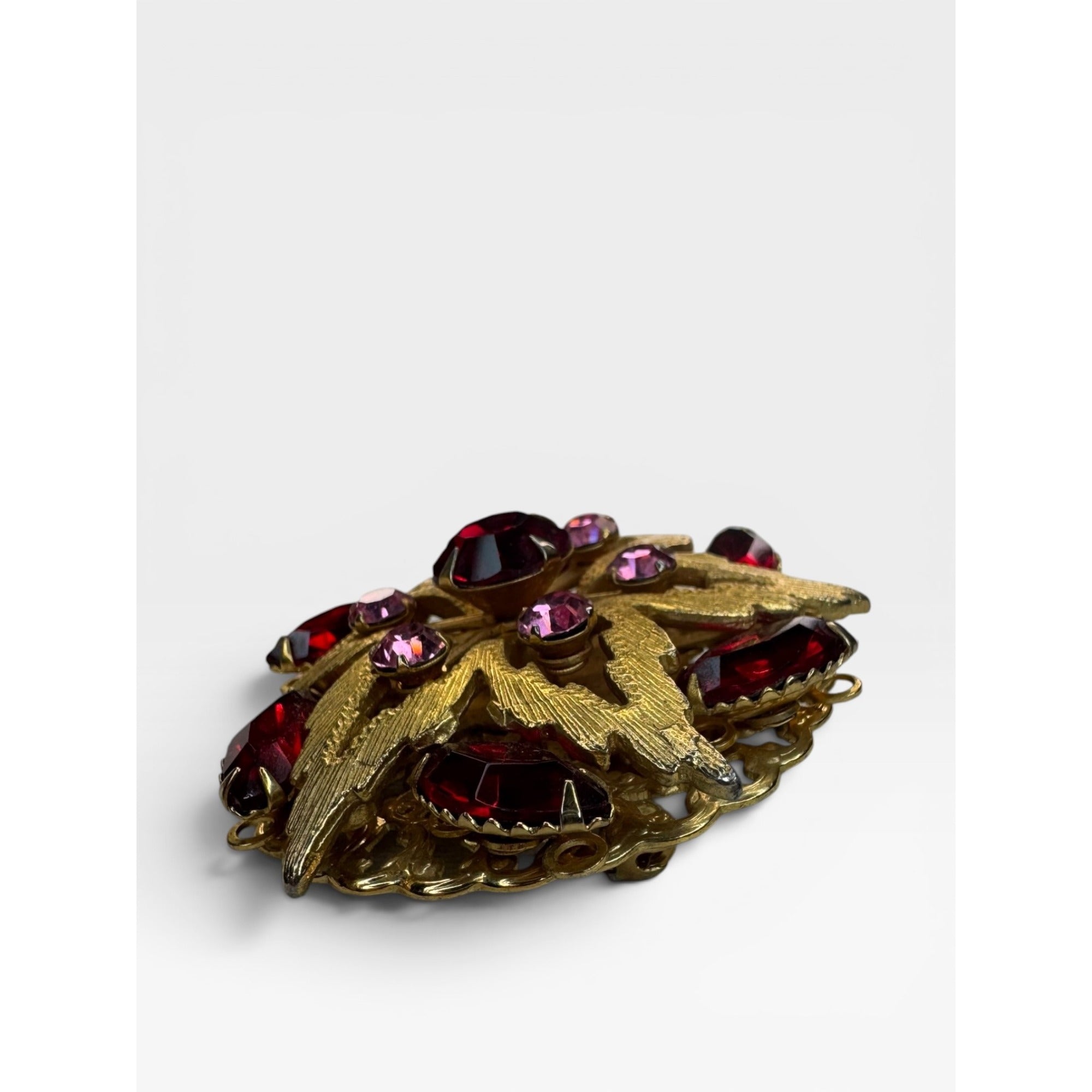 Ruby Red Pink Crystal Floral Brooch Gold Tone Layered Vintage 60s