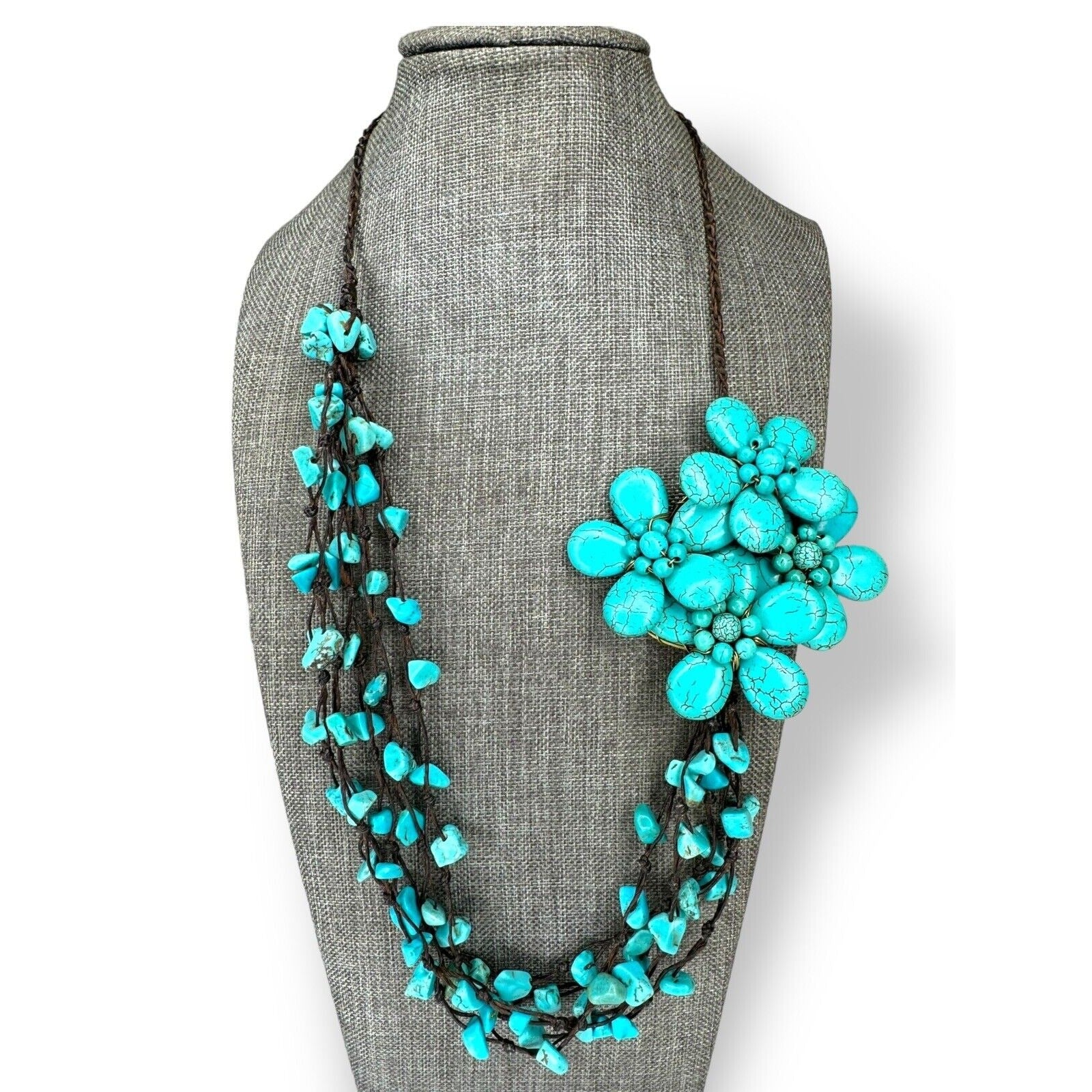 Vintage Turquoise Howlite Flower Statement Necklace Brown Cord 22"