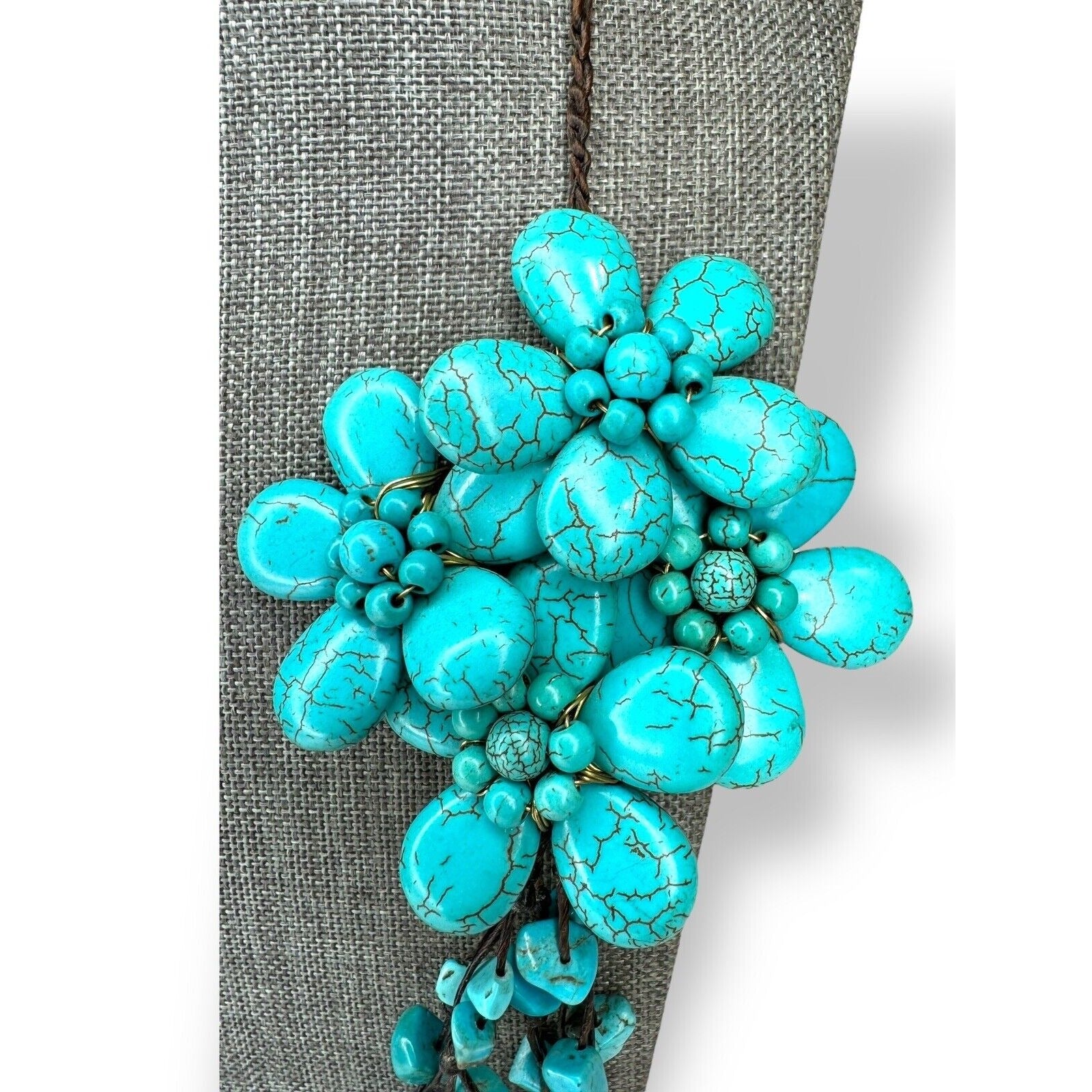 Vintage Turquoise Howlite Flower Statement Necklace Brown Cord 22"