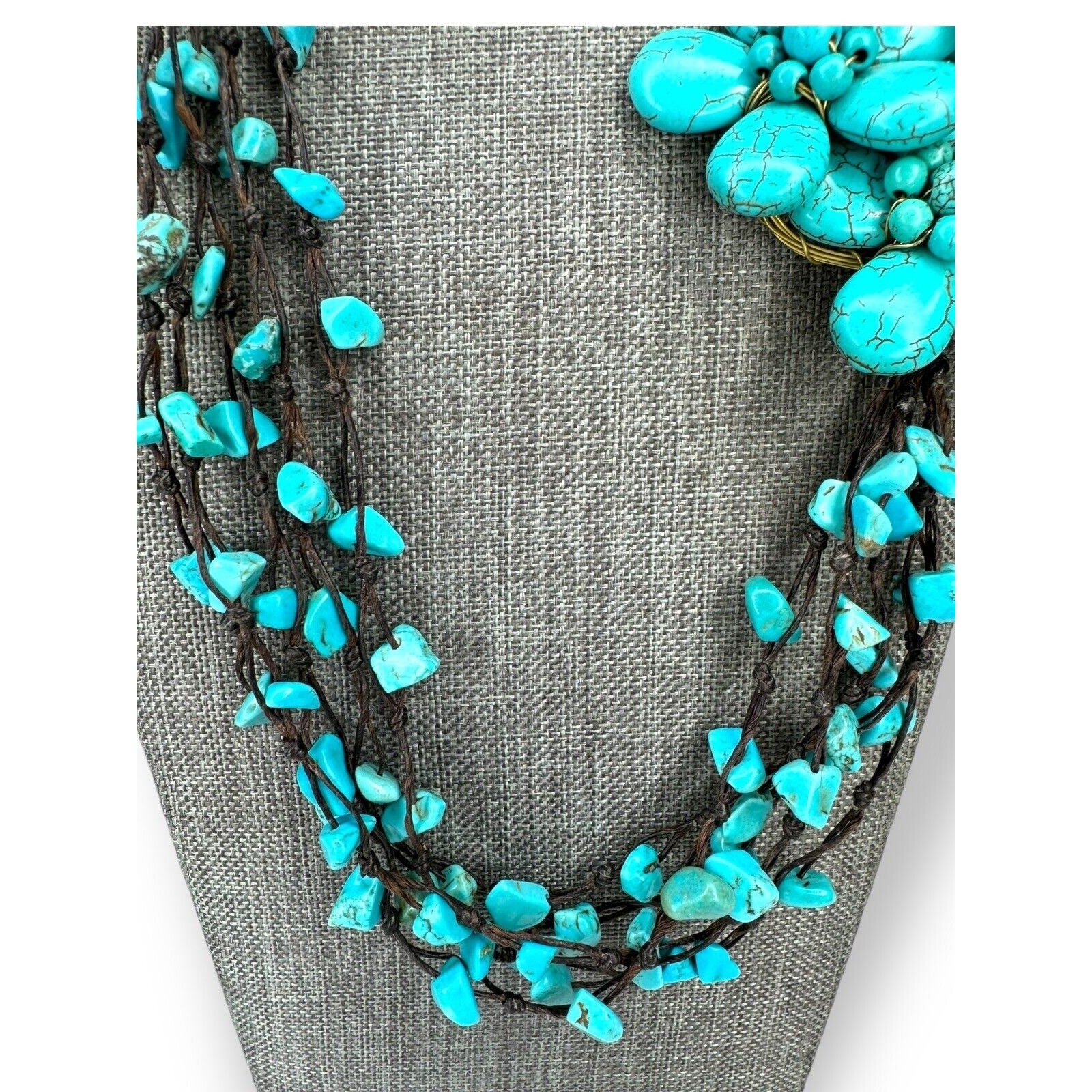 Vintage Turquoise Howlite Flower Statement Necklace Brown Cord 22"