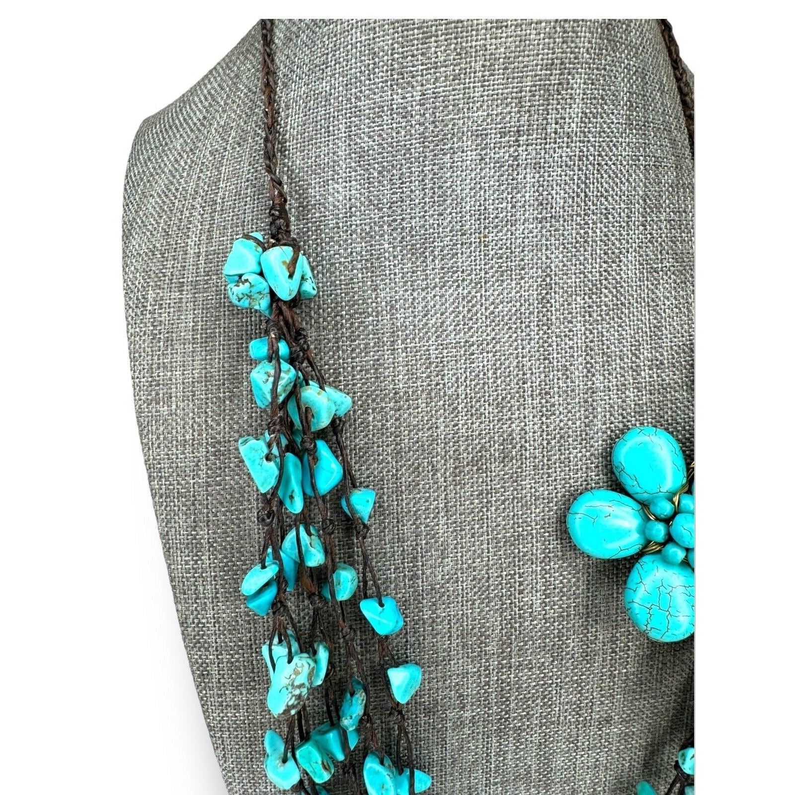 Vintage Turquoise Howlite Flower Statement Necklace Brown Cord 22"