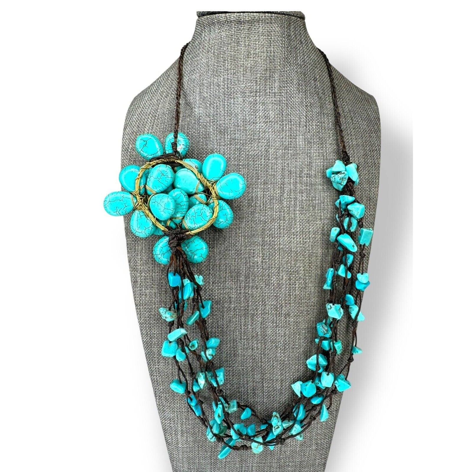 Vintage Turquoise Howlite Flower Statement Necklace Brown Cord 22"