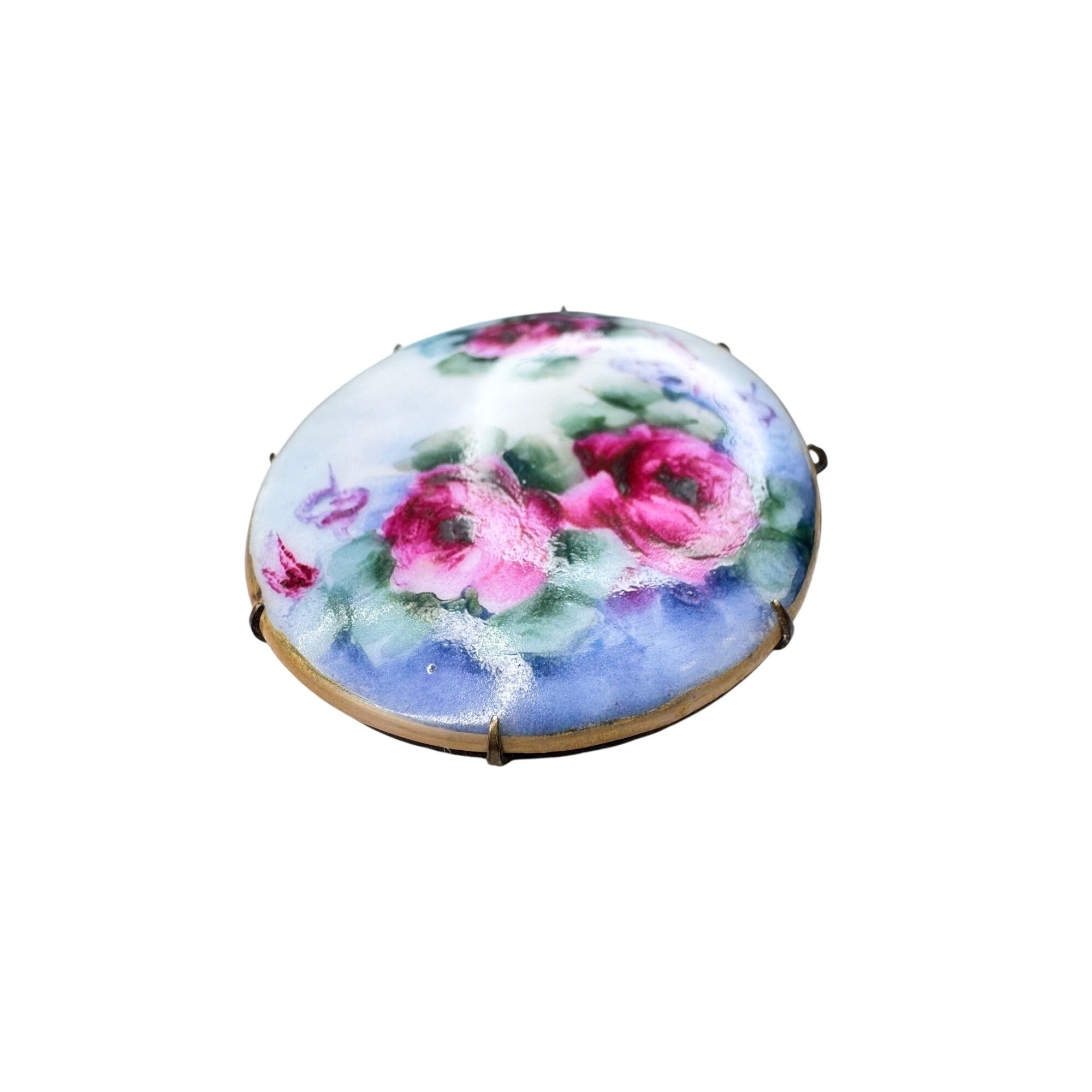 Unsigned Ceramic Brooch Hand Painted Roses Brass Victorian Antique