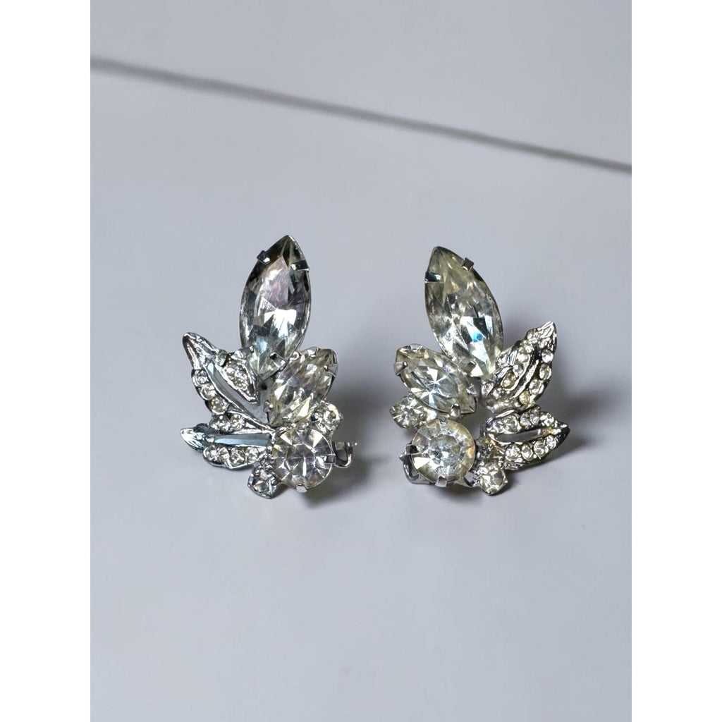 Weiss Clear Crystal Leaf Cluster Clip On Earrings Silver Tone Marquise