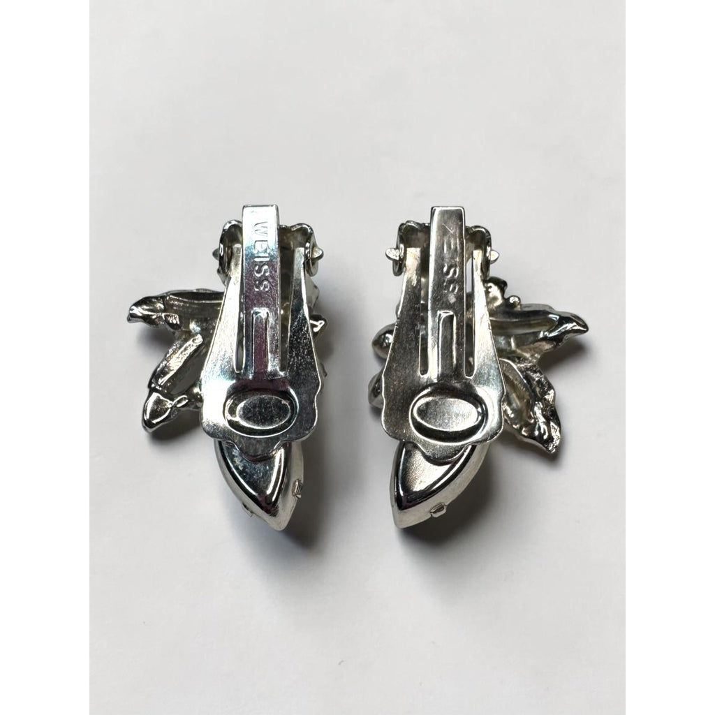 Weiss Clear Crystal Leaf Cluster Clip On Earrings Silver Tone Marquise
