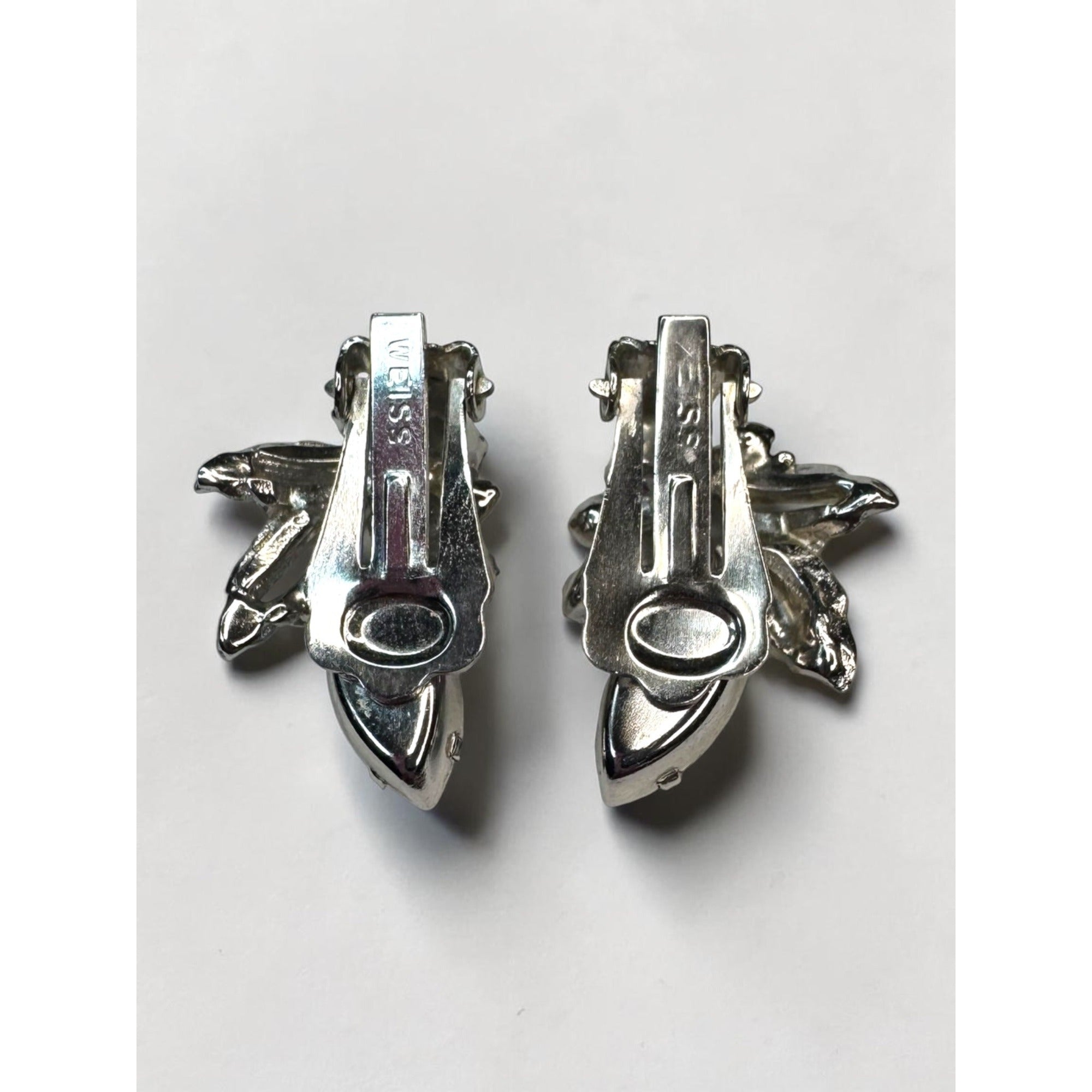 Weiss Clear Crystal Leaf Cluster Clip On Earrings Silver Tone Marquise