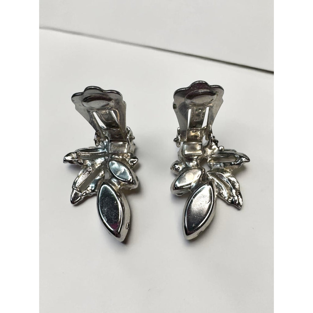 Weiss Clear Crystal Leaf Cluster Clip On Earrings Silver Tone Marquise