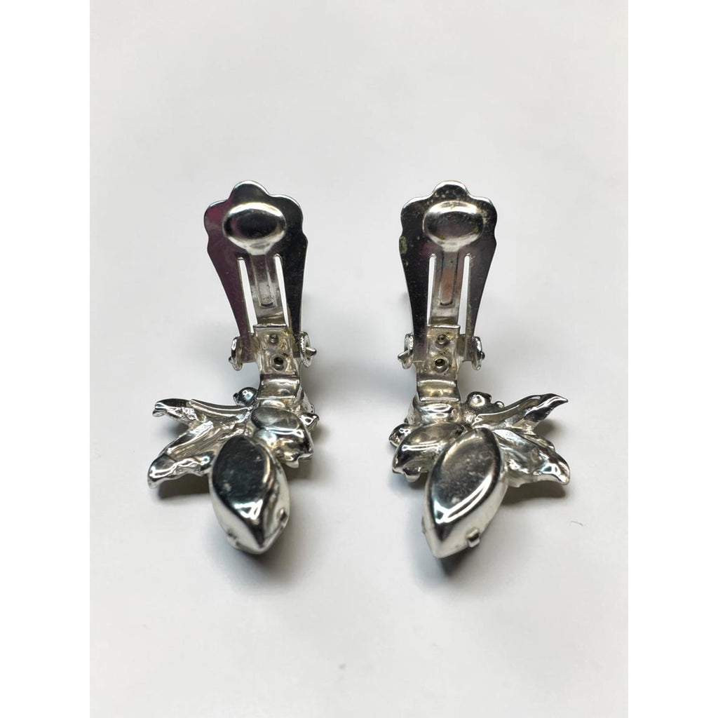 Weiss Clear Crystal Leaf Cluster Clip On Earrings Silver Tone Marquise