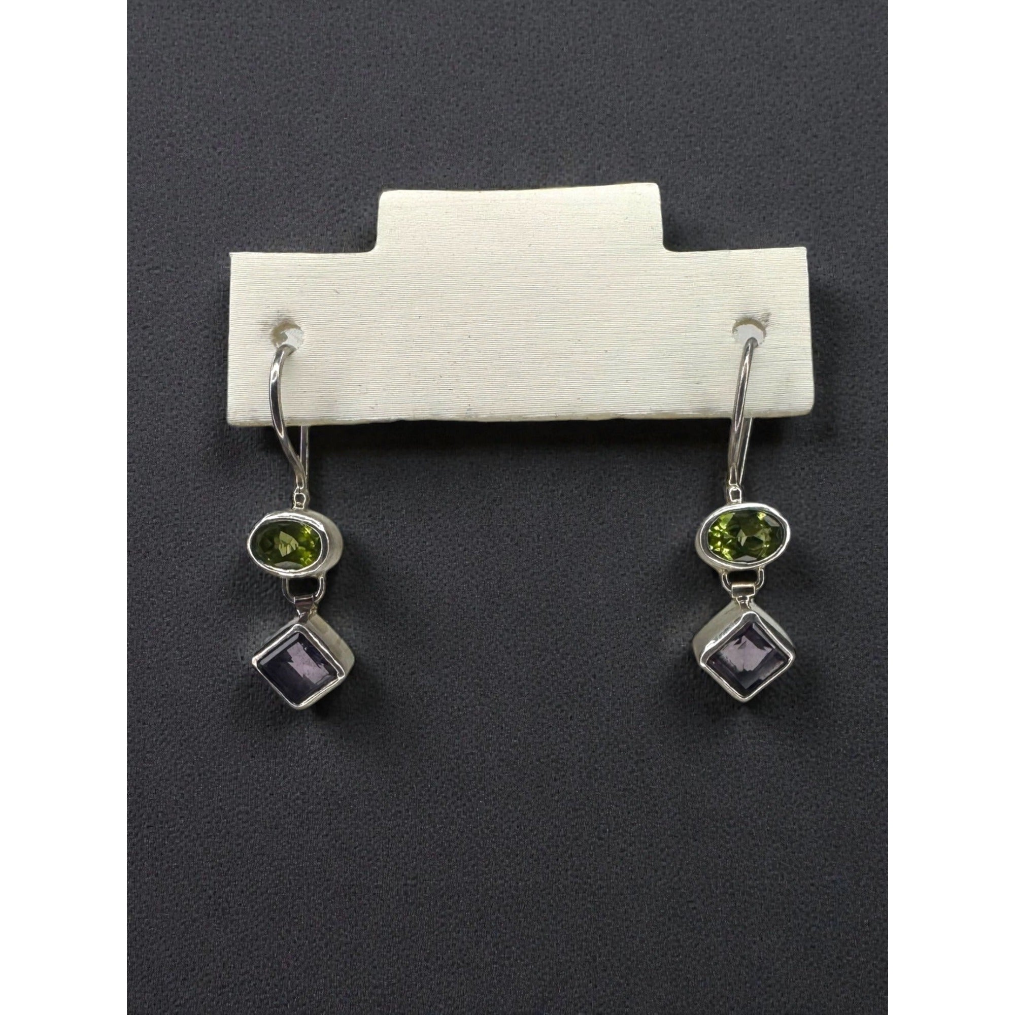Sterling Silver Peridot Amethyst Dangle Earrings Modernist Y2K 925