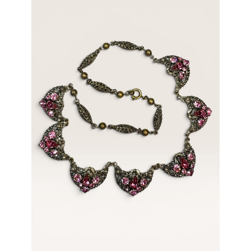 Brass Filigree Choker Festoon Necklace Pink Glass Crystals Art Deco 16"