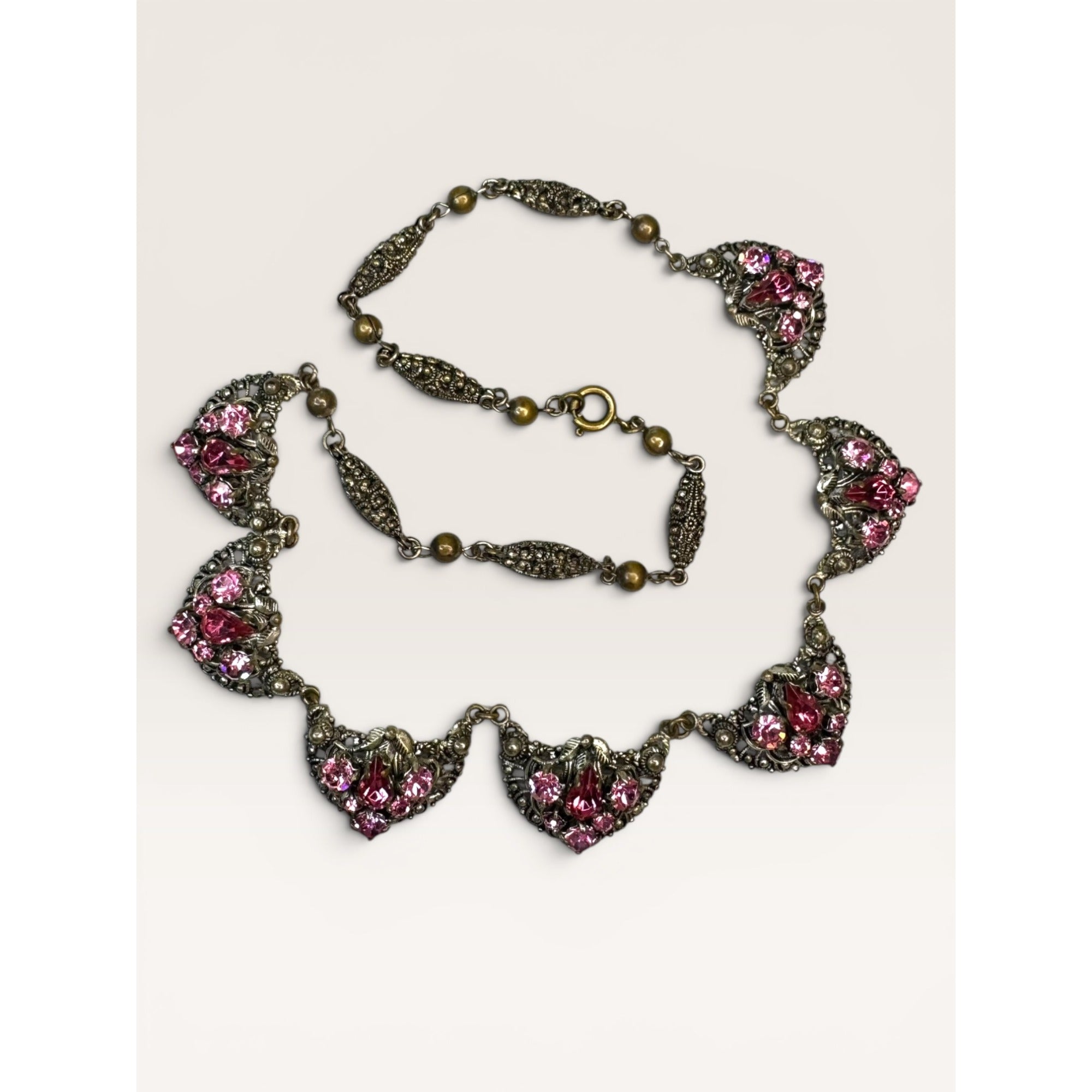 Brass Filigree Choker Festoon Necklace Pink Glass Crystals Art Deco 16"