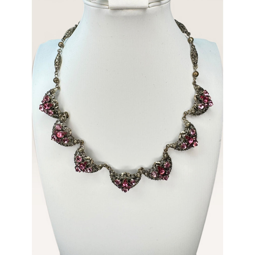 Brass Filigree Choker Festoon Necklace Pink Glass Crystals Art Deco 16"