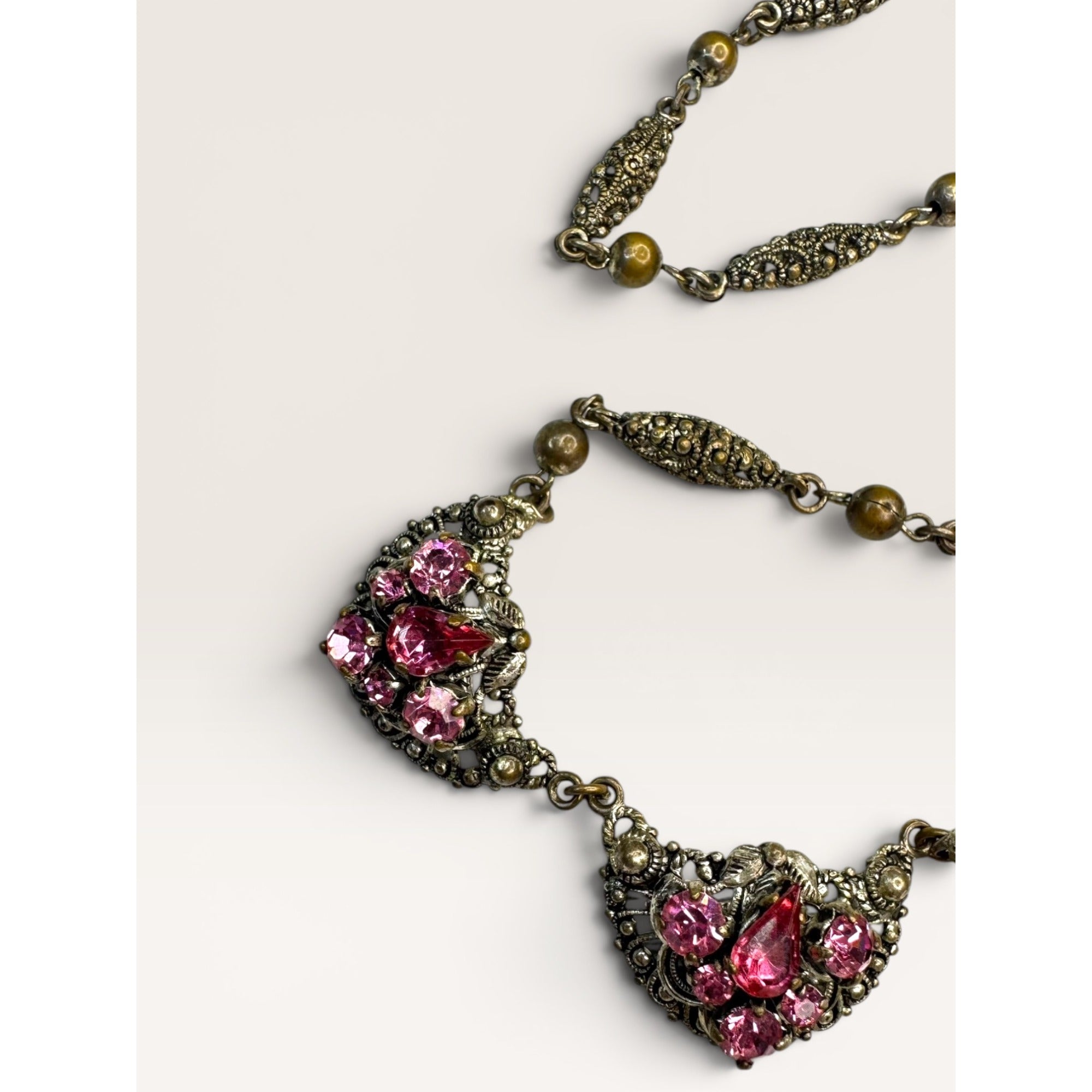 Brass Filigree Choker Festoon Necklace Pink Glass Crystals Art Deco 16"
