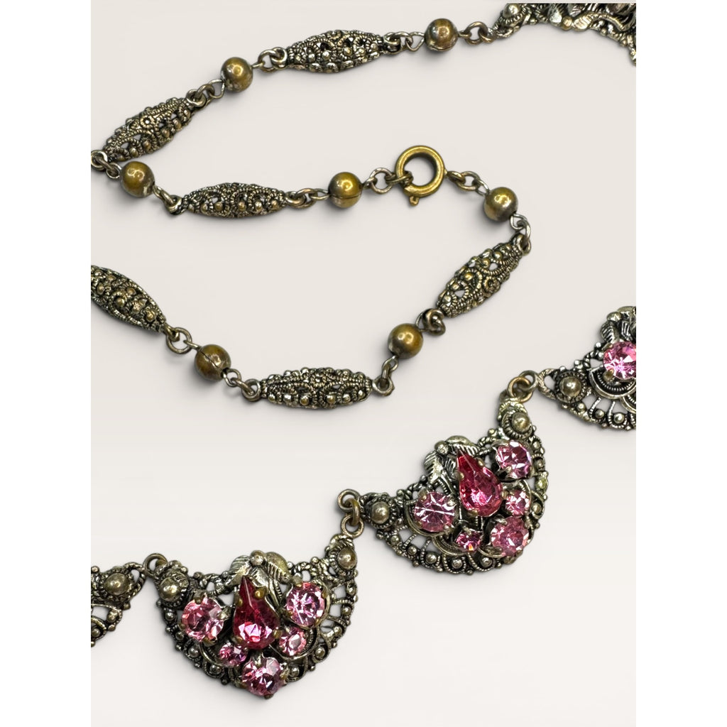 Brass Filigree Choker Festoon Necklace Pink Glass Crystals Art Deco 16"