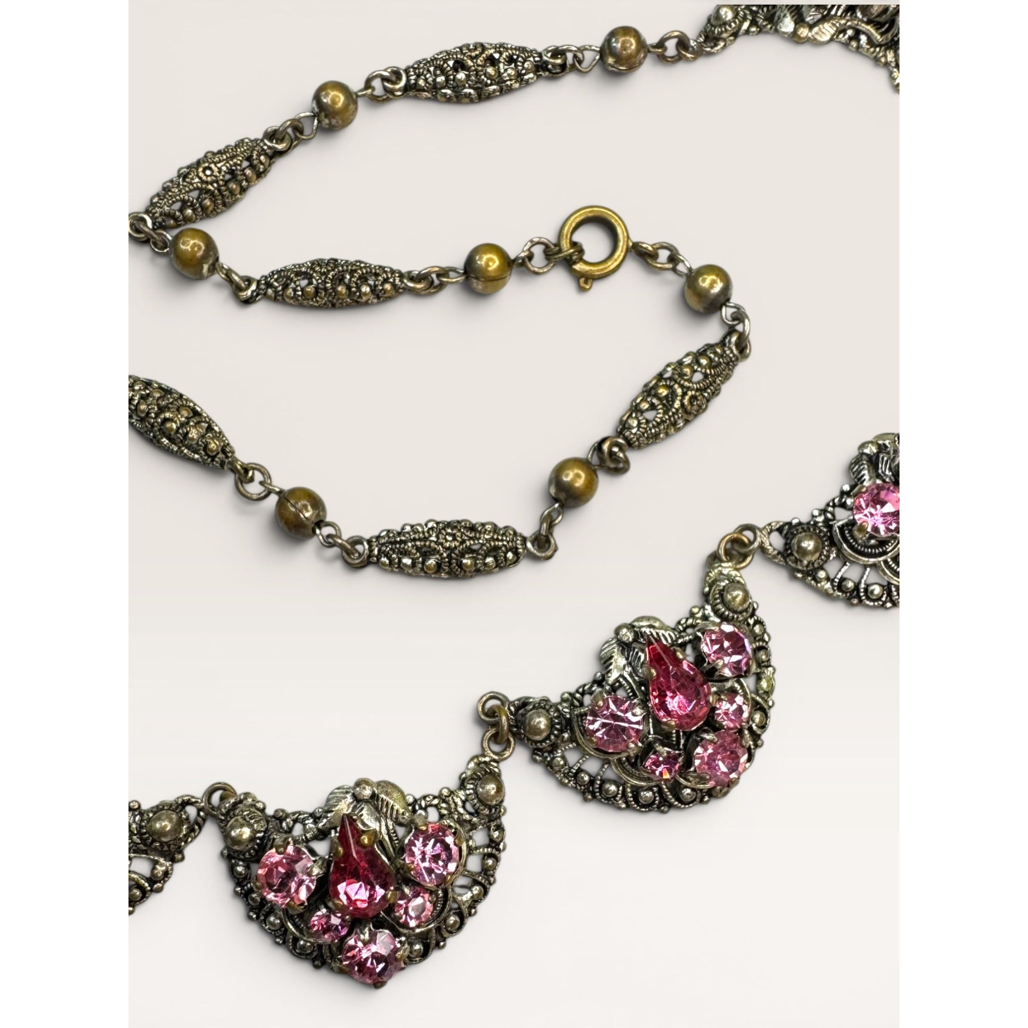 Brass Filigree Choker Festoon Necklace Pink Glass Crystals Art Deco 16"